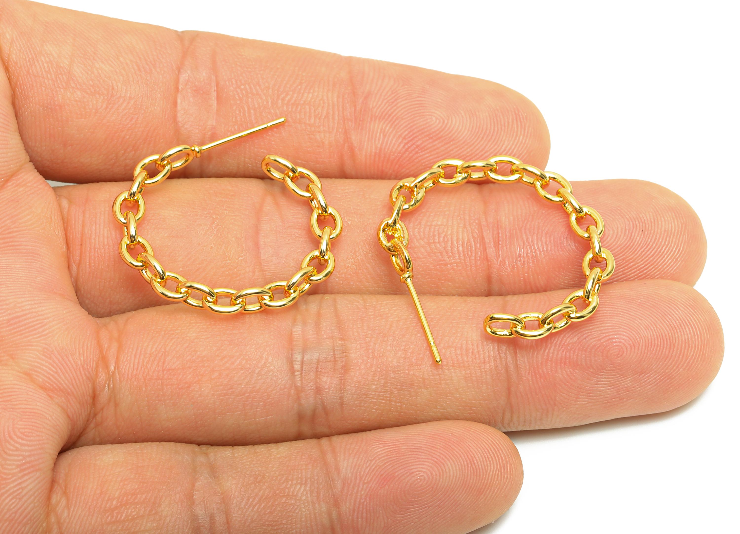 Brass Circle Chain Earring - Gold Cube Chain Earring Post - C Hoop Daily Wear Earring Stud - 18K Real Gold Plated -27.71x3.94x0.99mm-RGP8955 - DOMEDBAZAAR