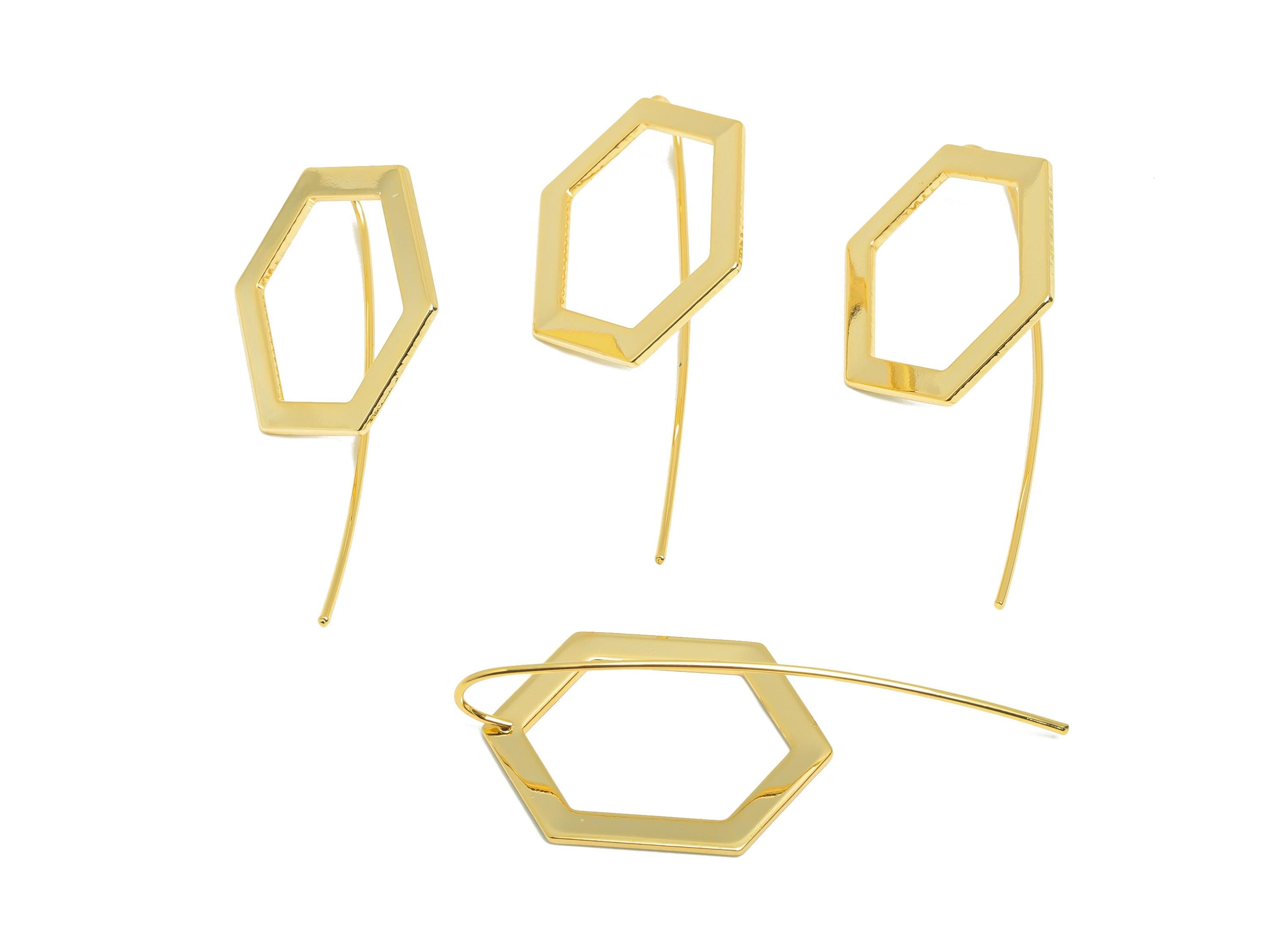 Brass Hexagon Earring - Gold Minimalist Earring Wire for Woman's - Geometry Hexagon Ear Wire - 18K Real Gold Plating - 42x19x1mm - RGP8964 - DOMEDBAZAAR