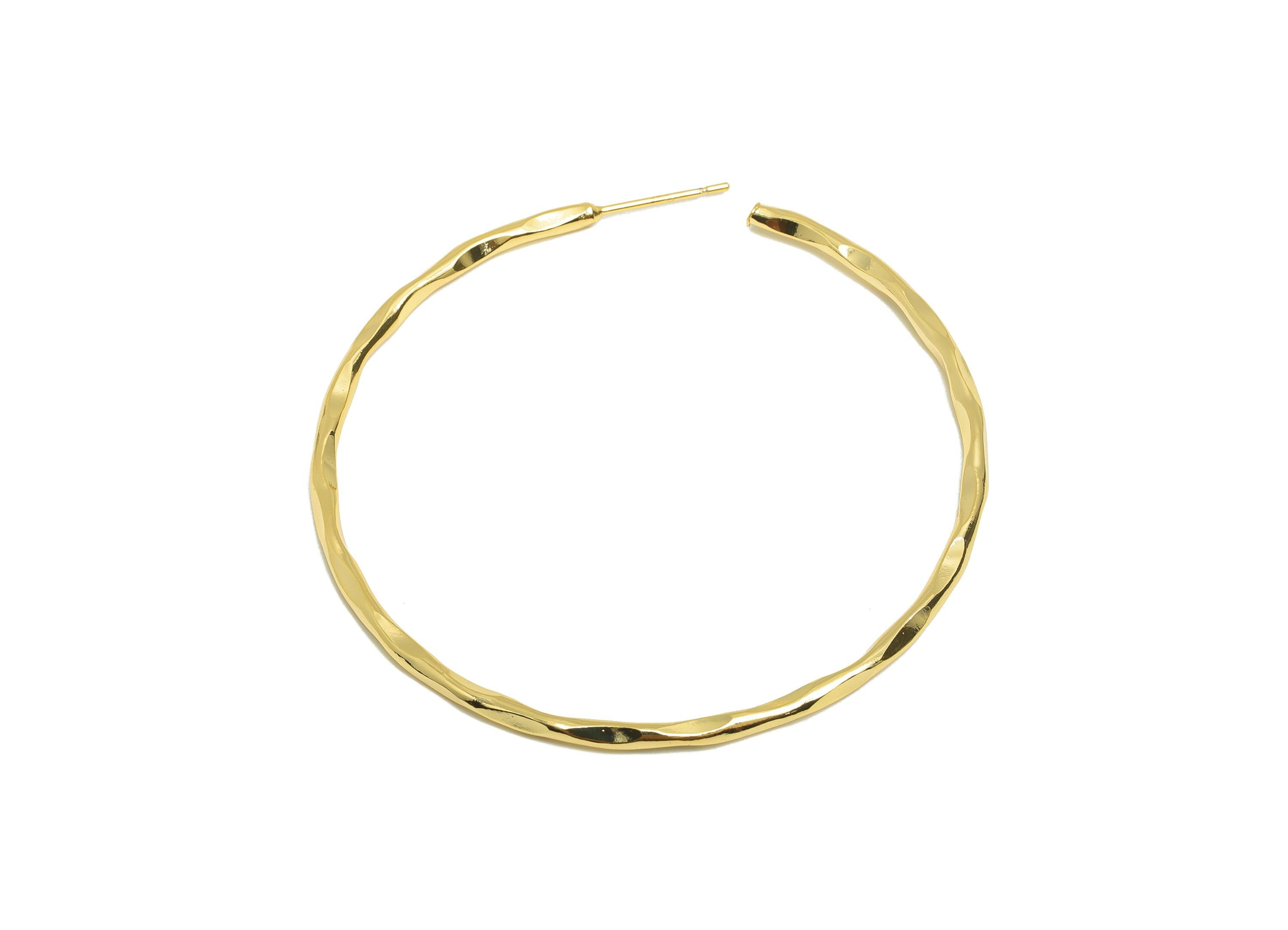 Brass Circle Earring Stud - Gold Huge C Hoop Earring Post - Hammered Daily Wear Earring - 18K Real Gold Plated - 53.18x53.18x1.77mm- RGP8965 - DOMEDBAZAAR