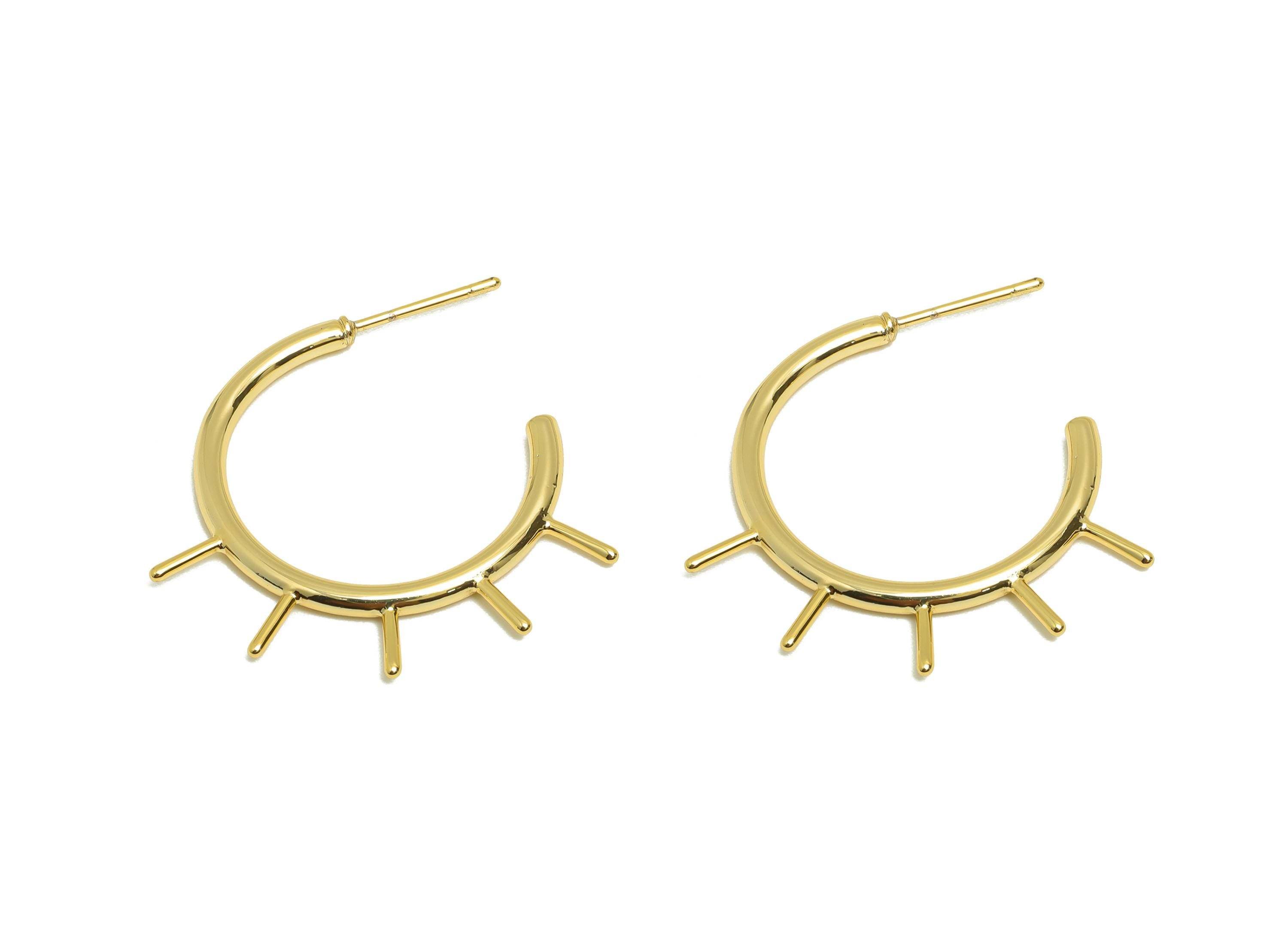Brass Spiked Earring - Minimalist C Hoop Earring Stud - Gold Open Circle Earring Post - 18K Real Gold Plating - 28.72x7.87x2.08mm - RGP8968 - DOMEDBAZAAR