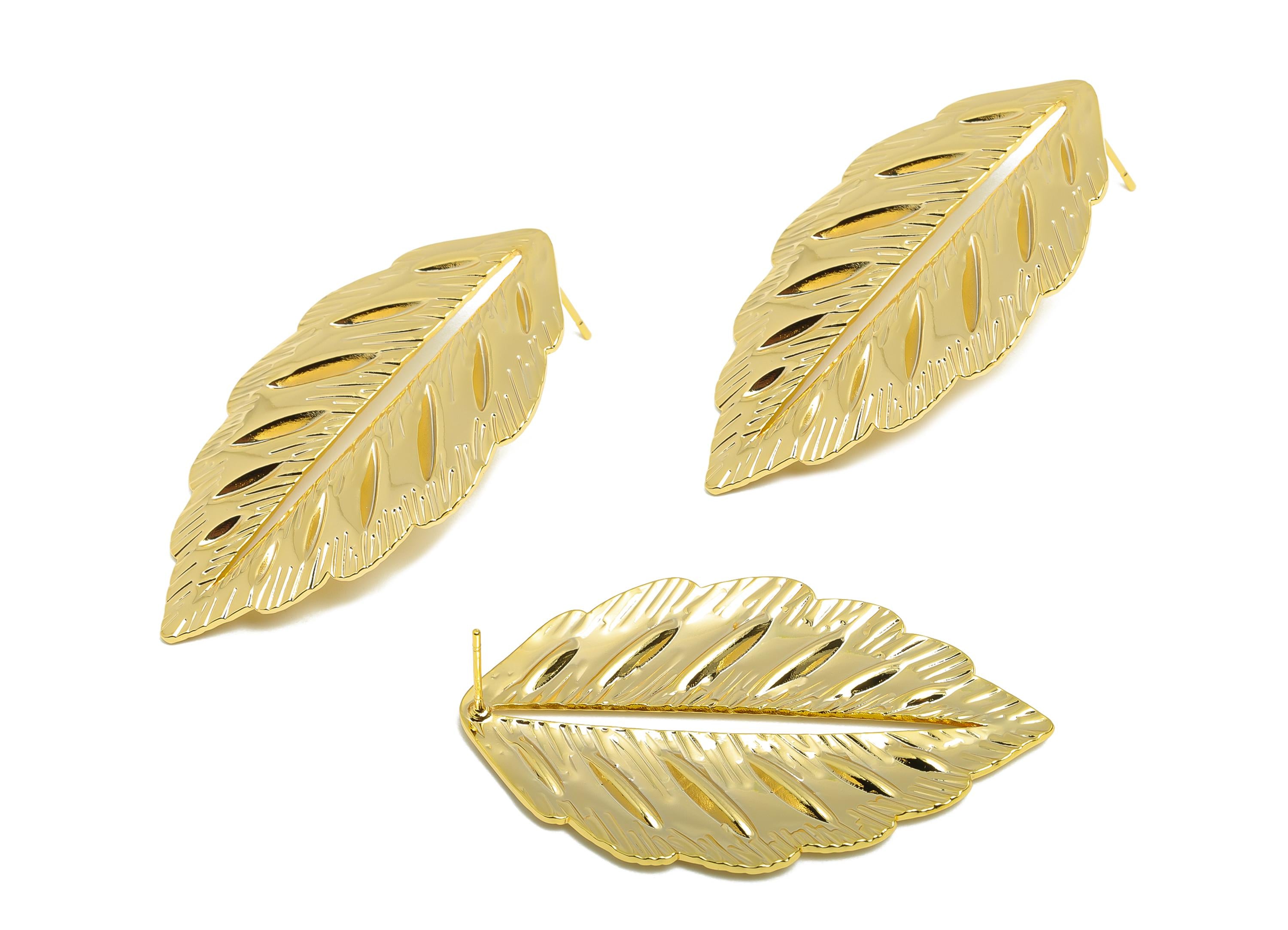 Elegant Leaf Earring Post - Brass Elegant Cutout Leaf Design Earring Stud - Bold Textured Leaf Earring - Gold Stud - 50x30x2.3mm - RGP10045 - DOMEDBAZAAR