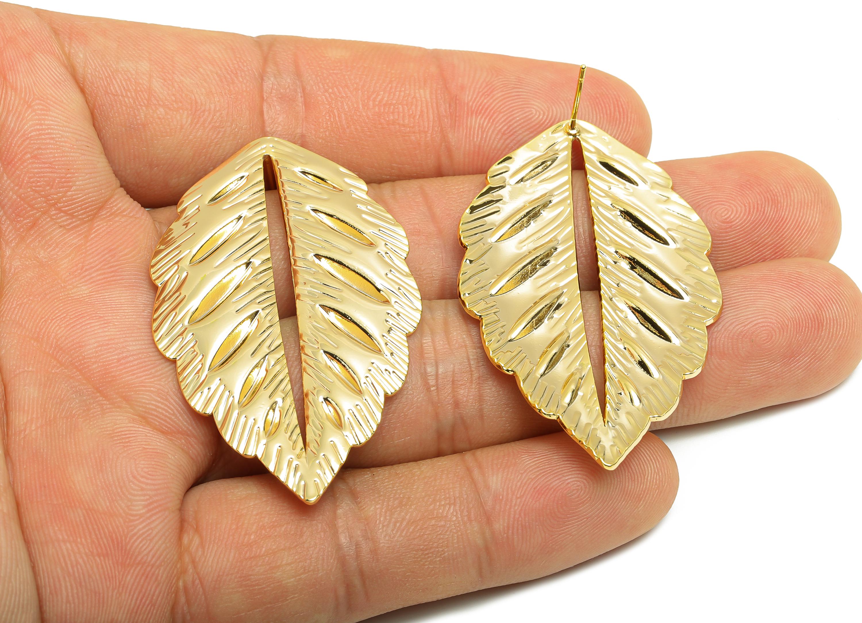 Elegant Leaf Earring Post - Brass Elegant Cutout Leaf Design Earring Stud - Bold Textured Leaf Earring - Gold Stud - 50x30x2.3mm - RGP10045 - DOMEDBAZAAR