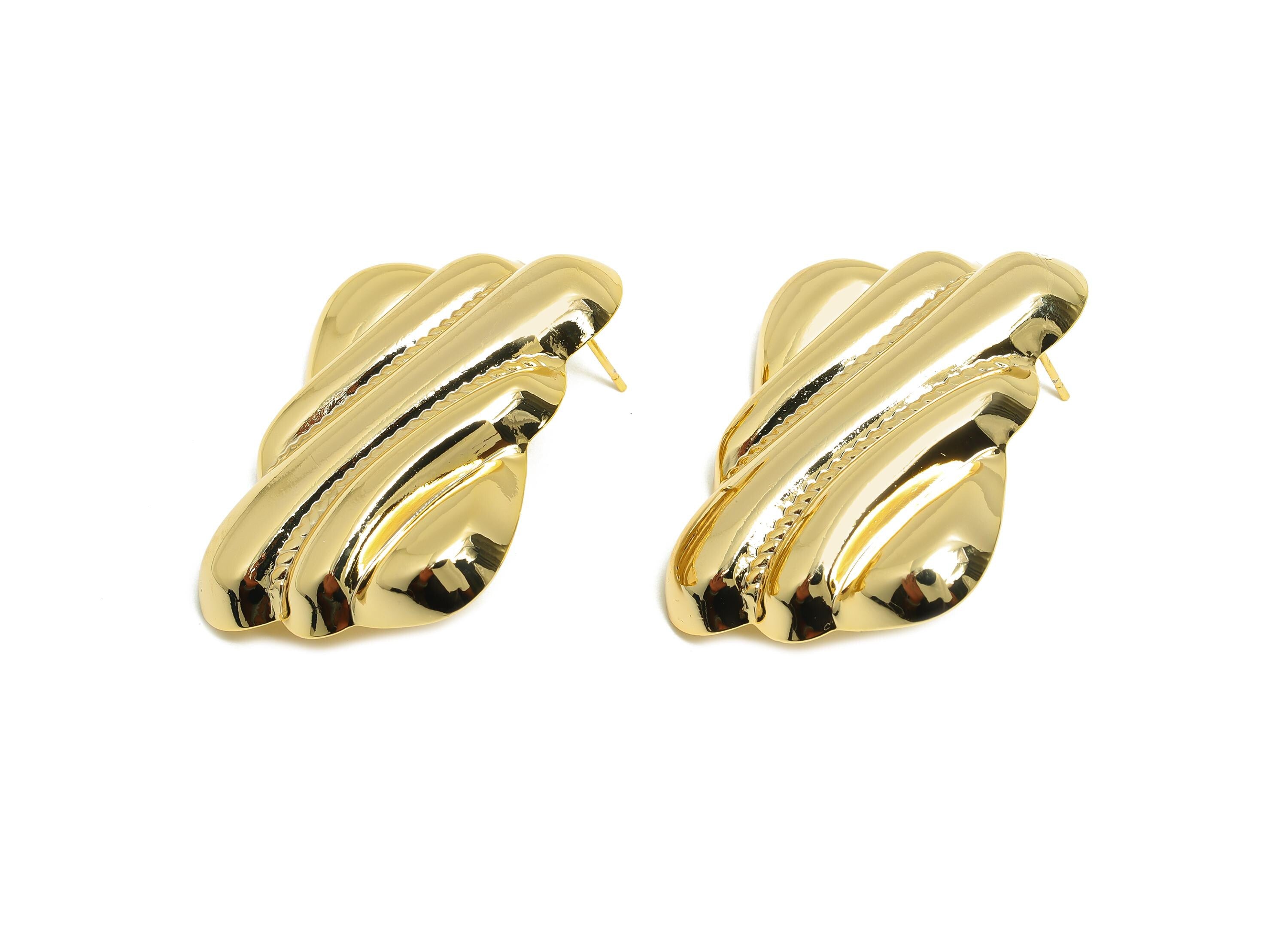 Gold Vintage Earring - Brass Textured Abstract Earring Post - Elegant Vintage Rippled Earring Stud - Gold Tone Plated - 39mx29x5mm -RGP10039 - DOMEDBAZAAR