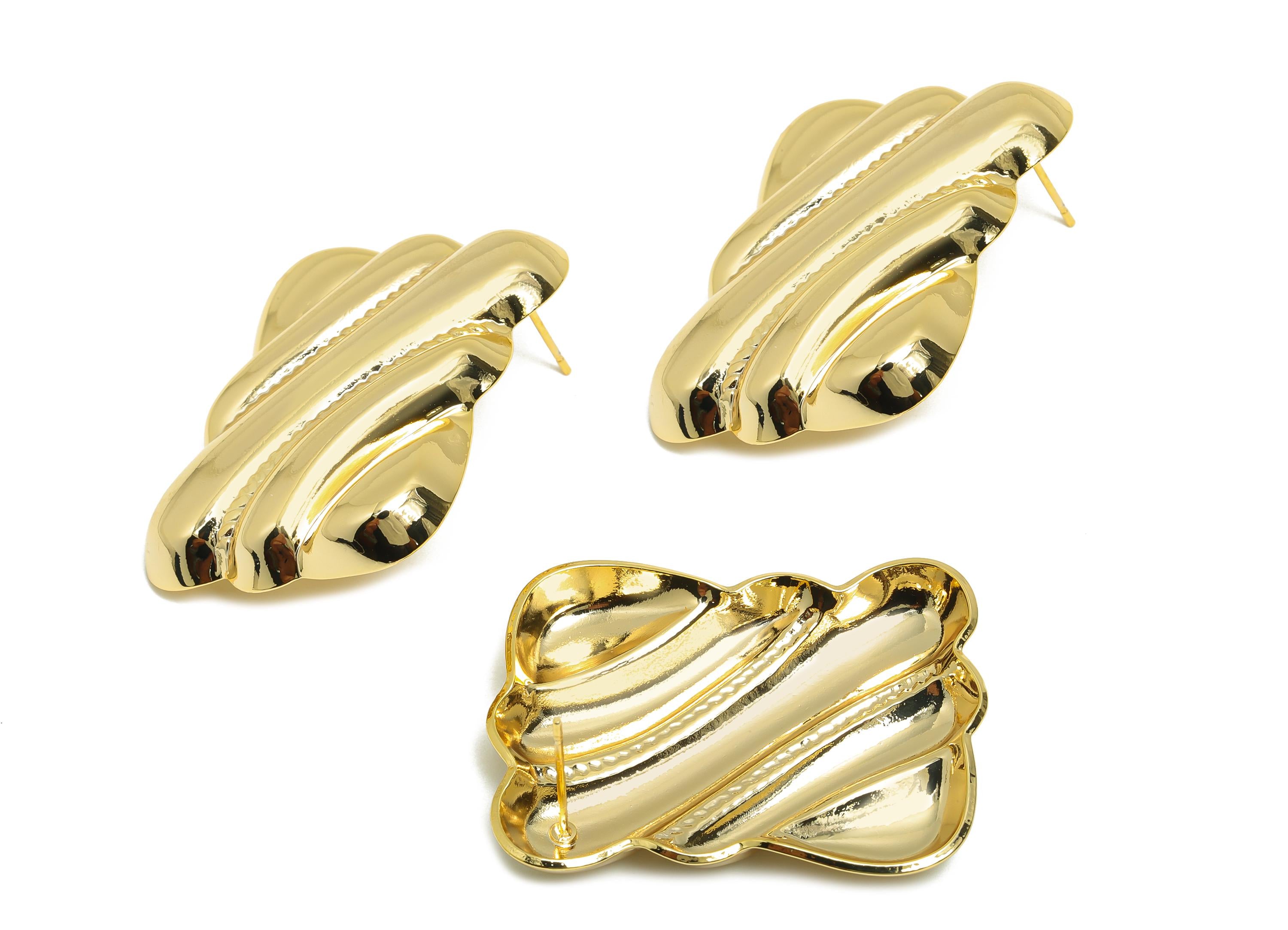 Gold Vintage Earring - Brass Textured Abstract Earring Post - Elegant Vintage Rippled Earring Stud - Gold Tone Plated - 39mx29x5mm -RGP10039 - DOMEDBAZAAR