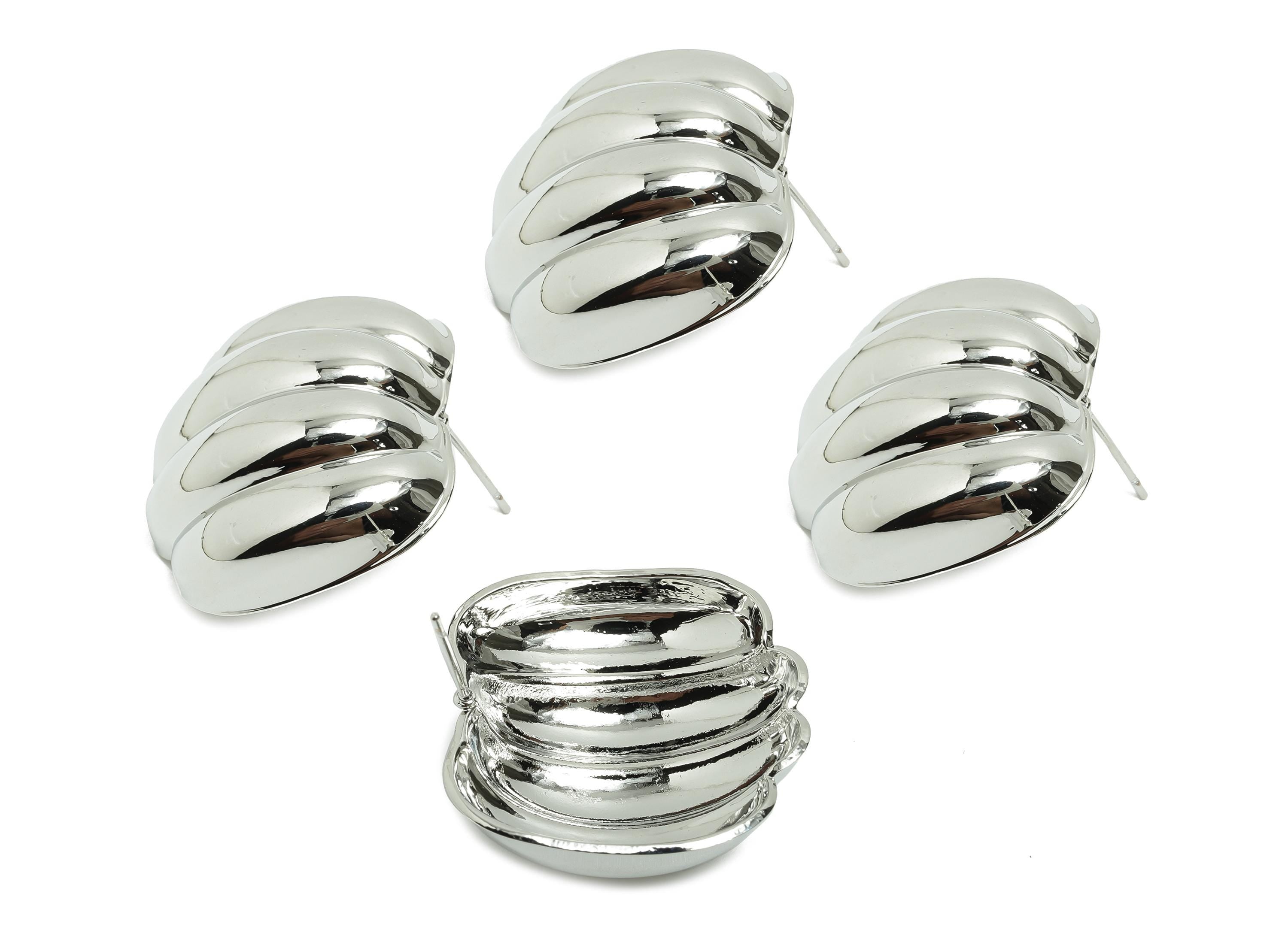 Curved Bold Earring Post - Brass Three-Dimensional Stud Earring - 18K Real White Gold Plating - Artistic Jewelry - 27x27x8mm - RGP10022 - DOMEDBAZAAR