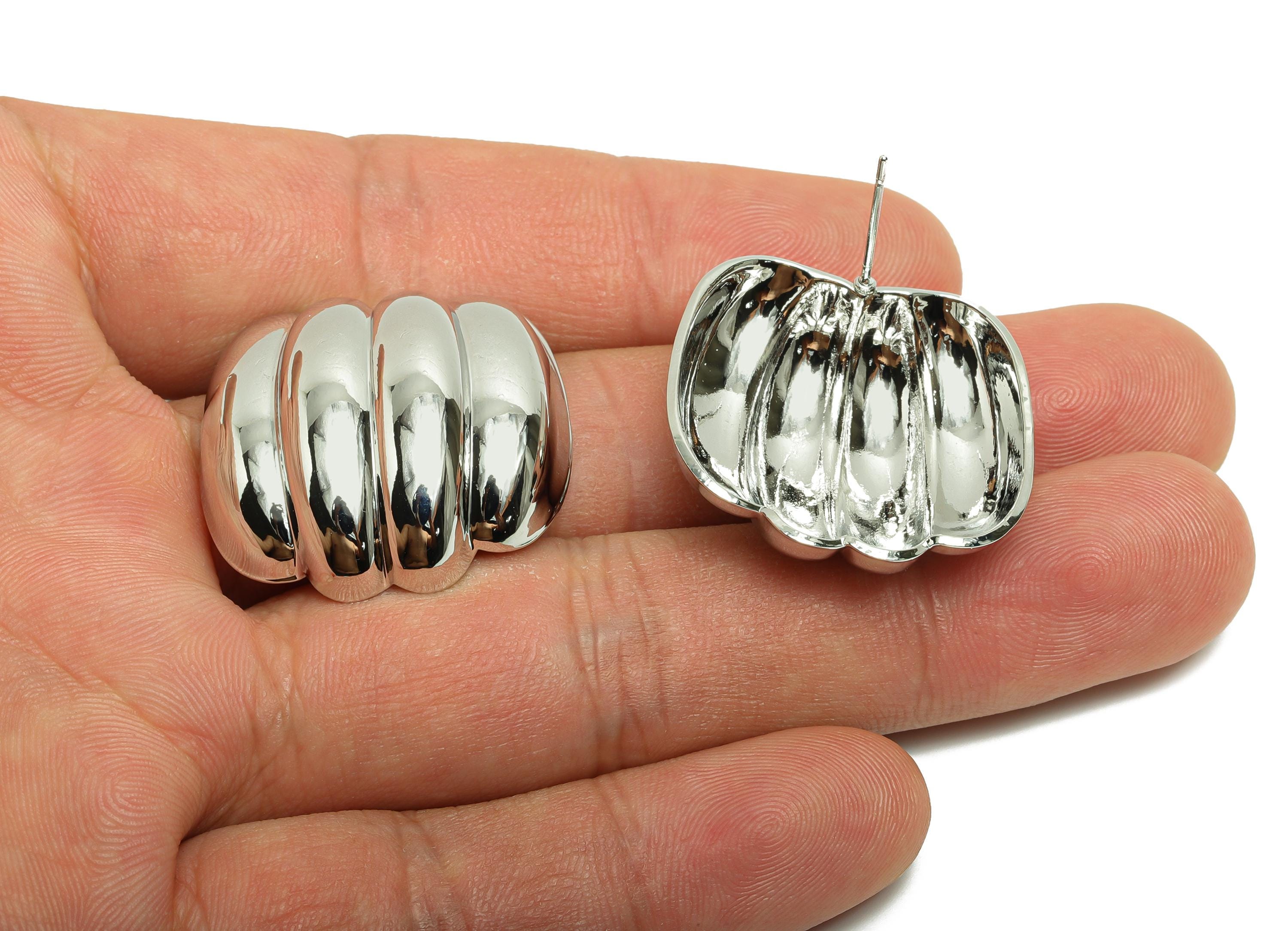 Curved Bold Earring Post - Brass Three-Dimensional Stud Earring - 18K Real White Gold Plating - Artistic Jewelry - 27x27x8mm - RGP10022 - DOMEDBAZAAR