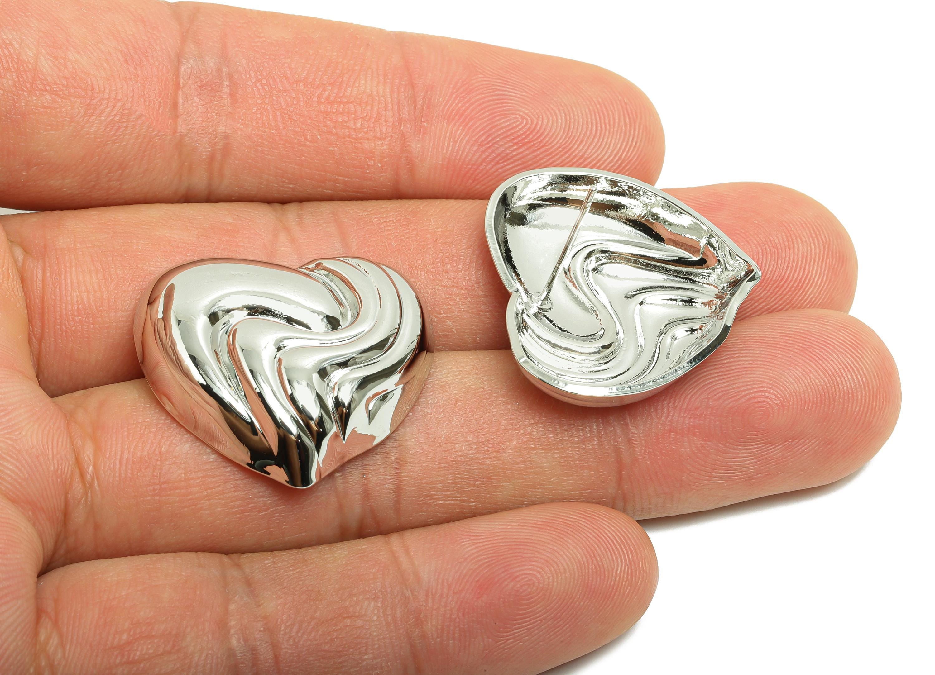 Wavy Heart Stud Earring - Brass Sculpted Heart Textured Earring Stud - Elegant Heart Stud - 18K Real White Gold Plated - 27x24x5mm -RGP10026 - DOMEDBAZAAR