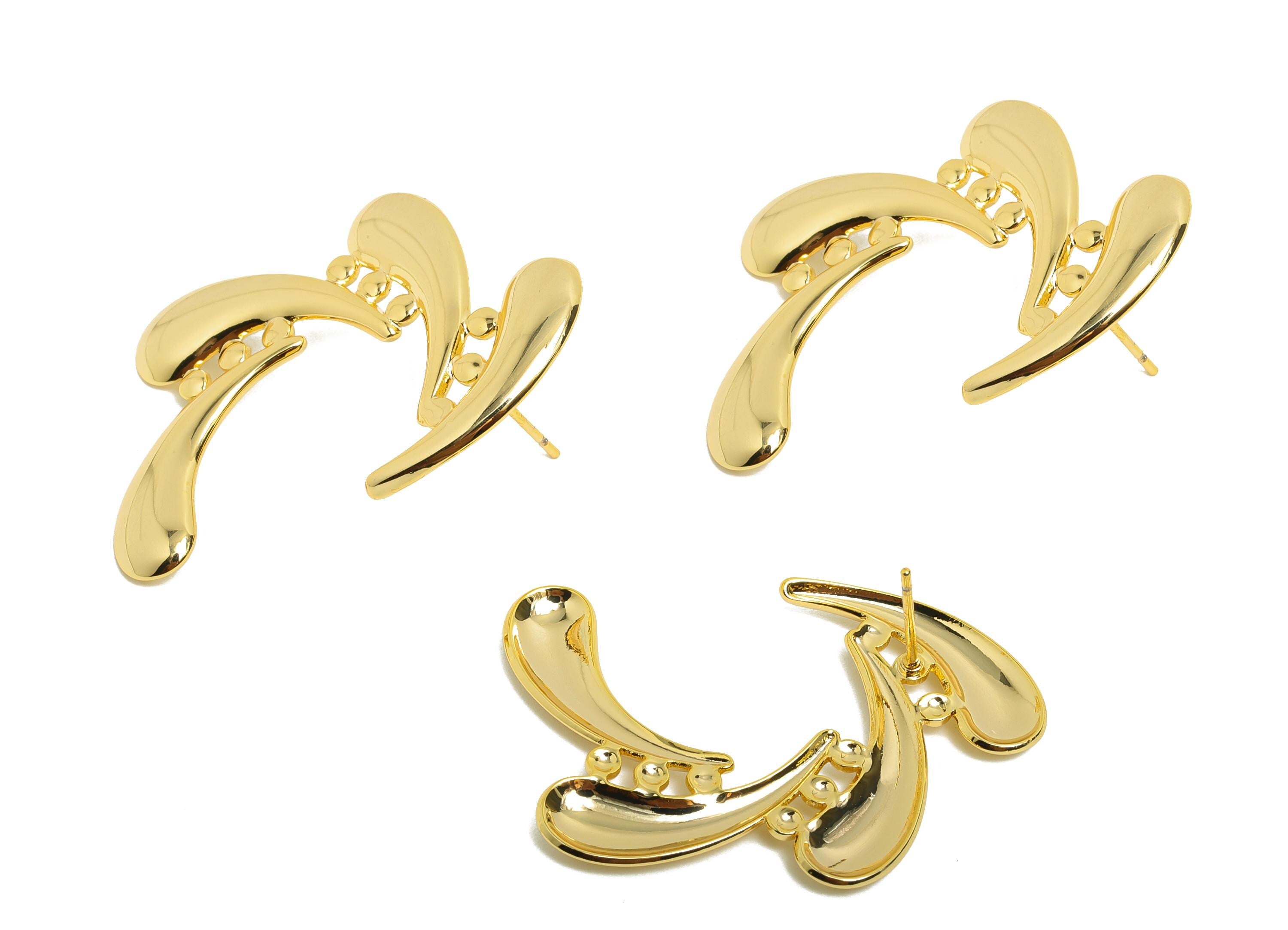 Abstract Swirl Earring Stud - Brass Bold Artistic Gold Earring Post - Fluid Curved Motif - 18k Real Gold Plated - 37x25x2mm - RGP10025 - DOMEDBAZAAR
