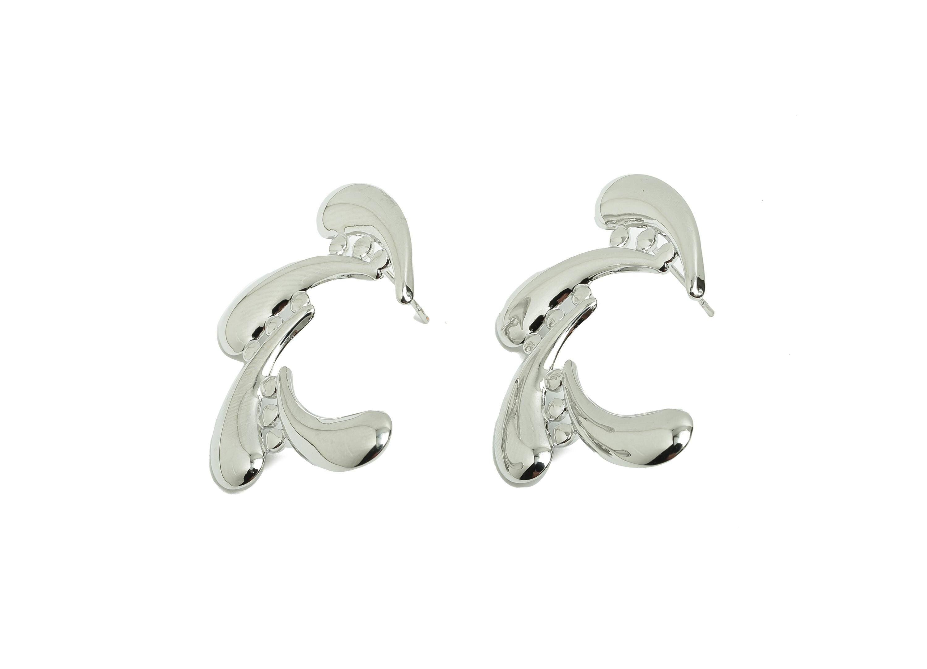 Abstract Swirl Earring Stud - Brass Bold Artistic Earring Post - Fluid Curved Motif - 18k Real White Gold Plated - 37x25x2mm - RGP10024 - DOMEDBAZAAR