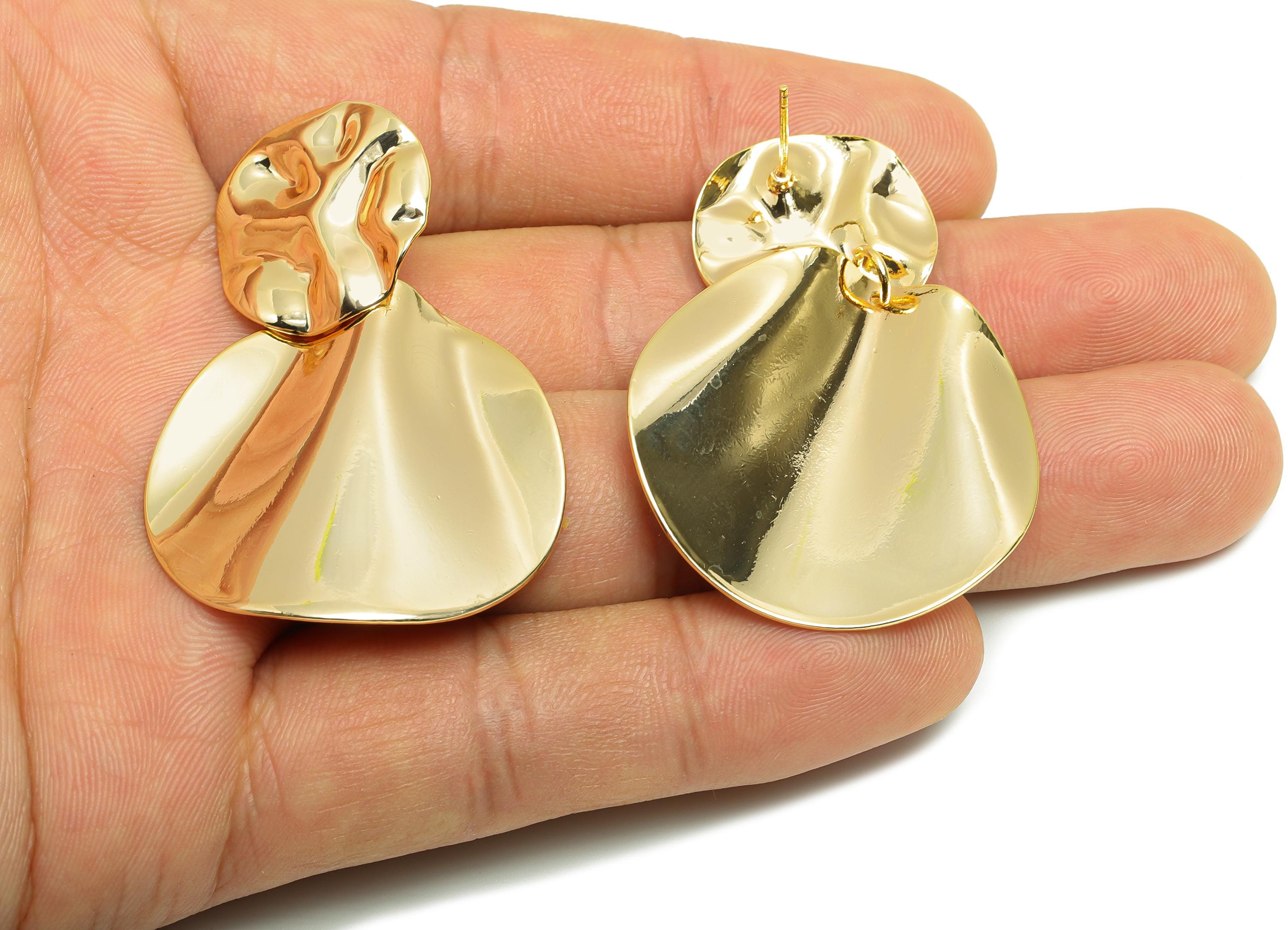 Brass Artistic Round Earring - Brass Unique Texture Wavy Earring Post - Gold Vintage Dangle Earring - Gold Jewelry - 50x33x4.5mm - RGP10083 - DOMEDBAZAAR