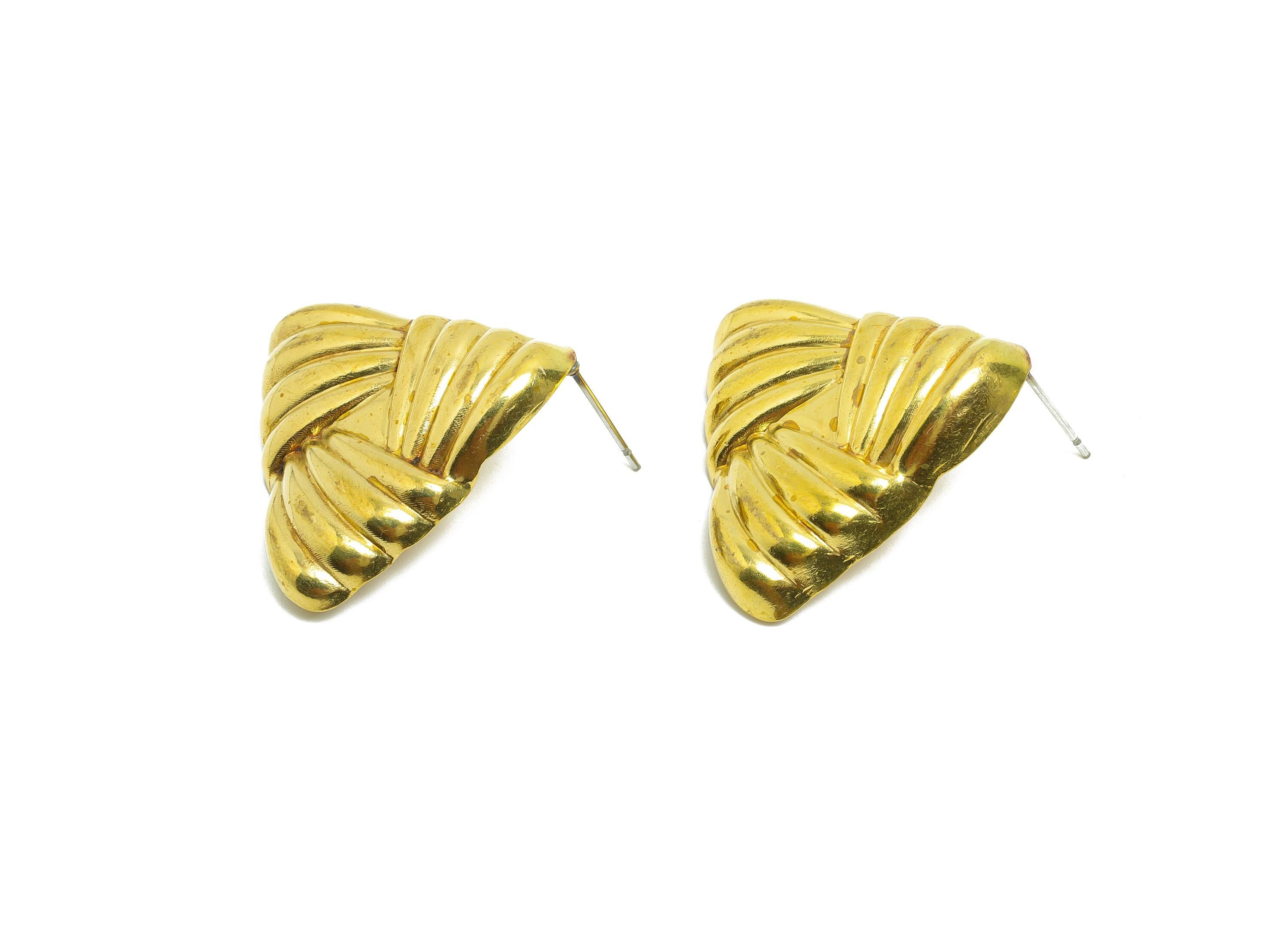 Vintage Triangle Earring Stud - Raw Brass Geometric Folded Triangle Earring - Retro Triangular Clip-On Earring Stud - 29x28x4.3mm - PP10783 - DOMEDBAZAAR