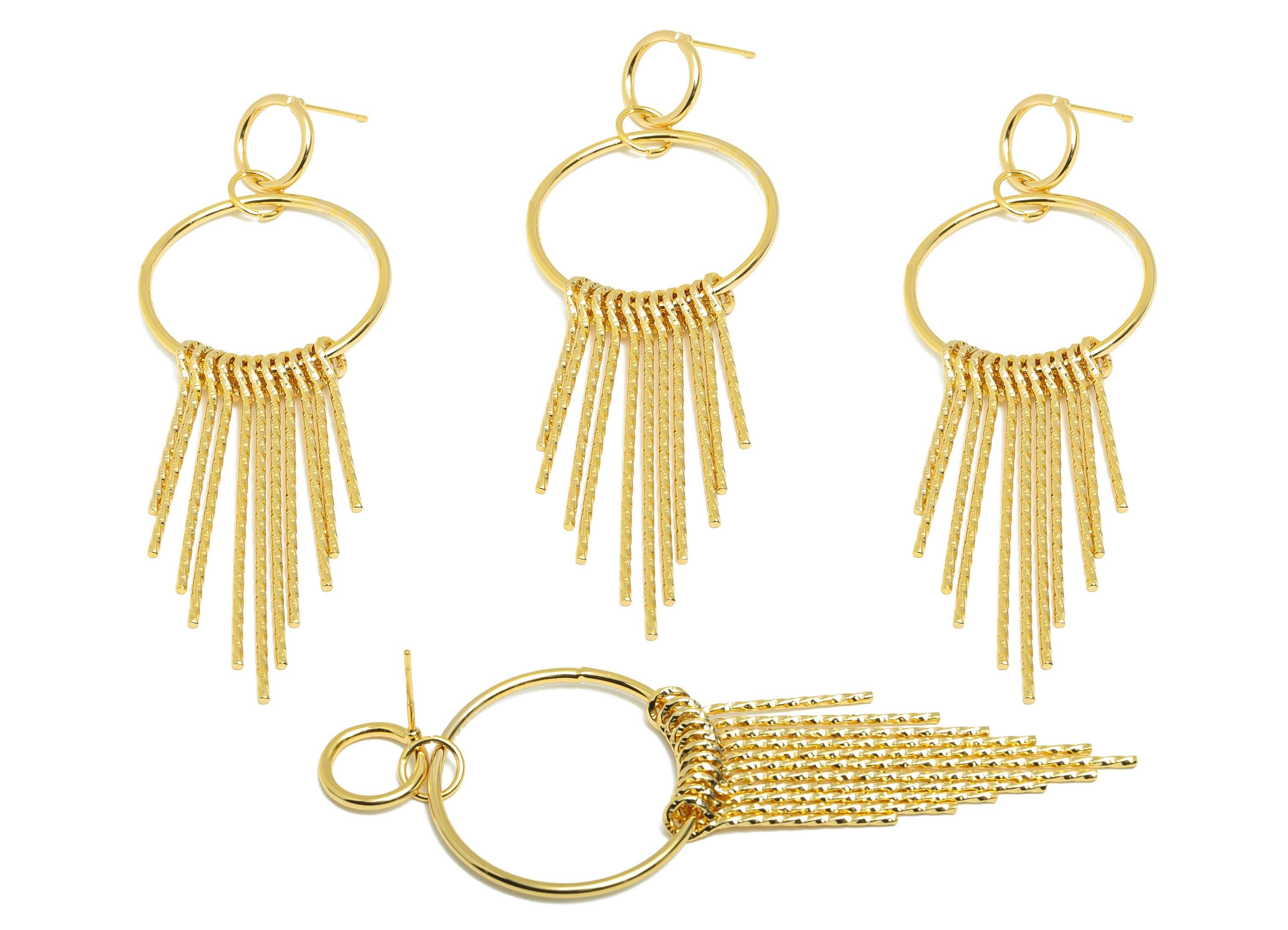 Dangle Tassel Earring Stud - Brass Boho Textured Tassel Wire Post - Layered Fringe Earring Bold Post - Gold Jewelry - 90x30x5mm - RGP10115 - DOMEDBAZAAR