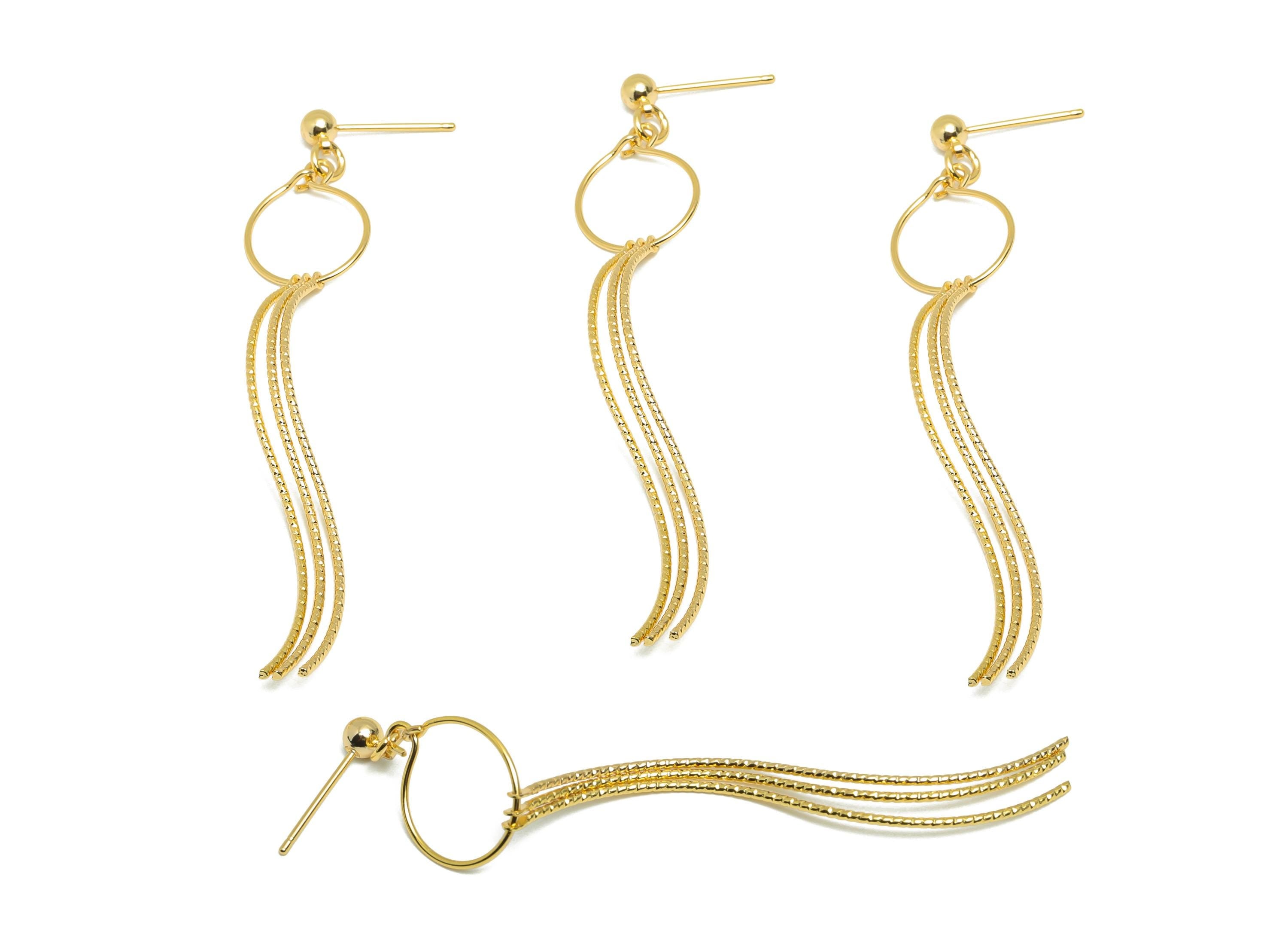 Dangle Tassel Earring Stud - Brass Boho Textured Tassel Wavy Wire Post - Layered Fringe Earring Bold Post- Gold Jewelry - 75x13x4mm-RGP10109 - DOMEDBAZAAR