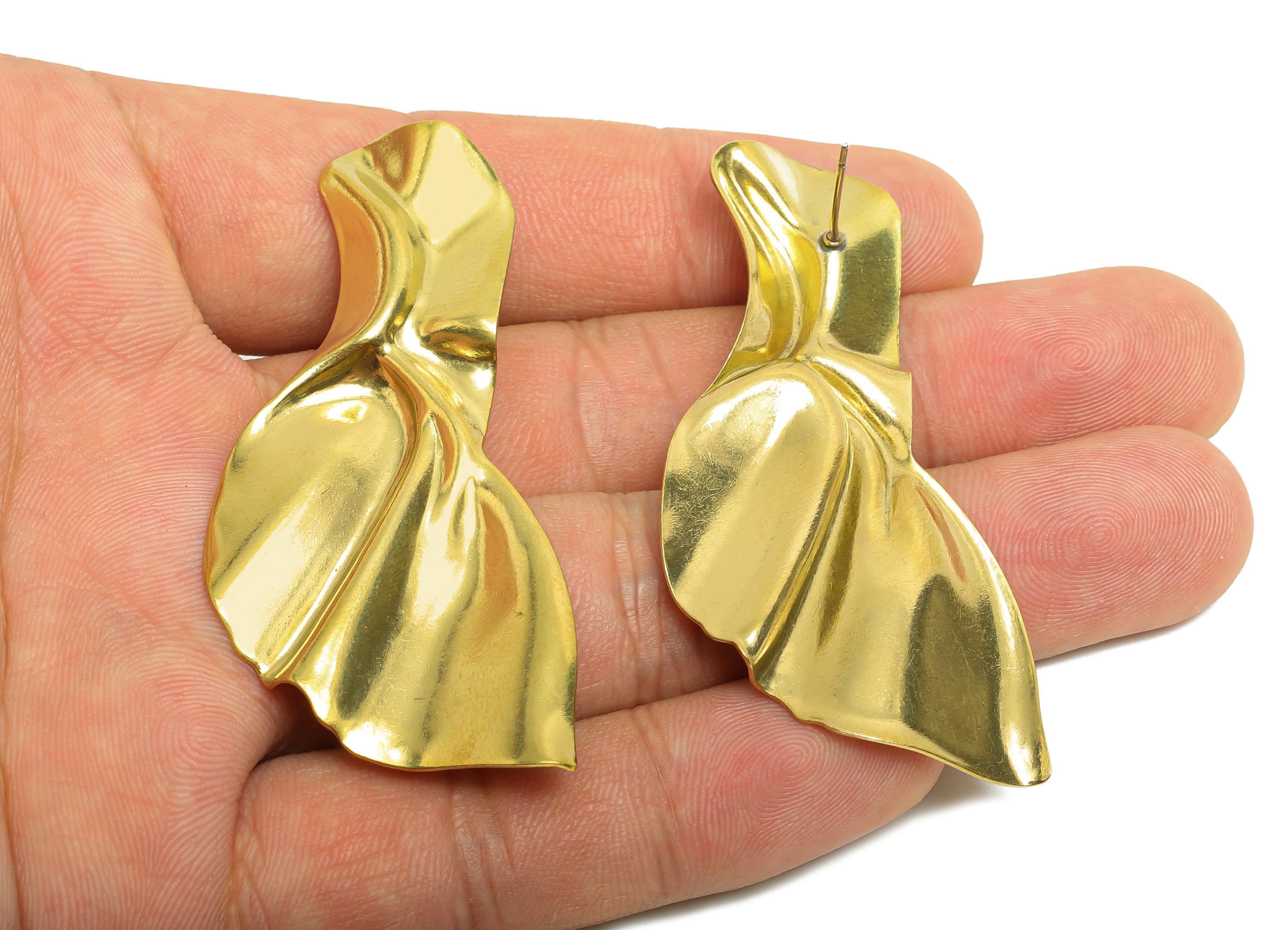 Vintage Irregular Earring - Raw Brass Contemporary Asymmetrical Drape Earring Stud - Sculpted Abstract Statement Earring - 60x31x3mm-PP10797 - DOMEDBAZAAR