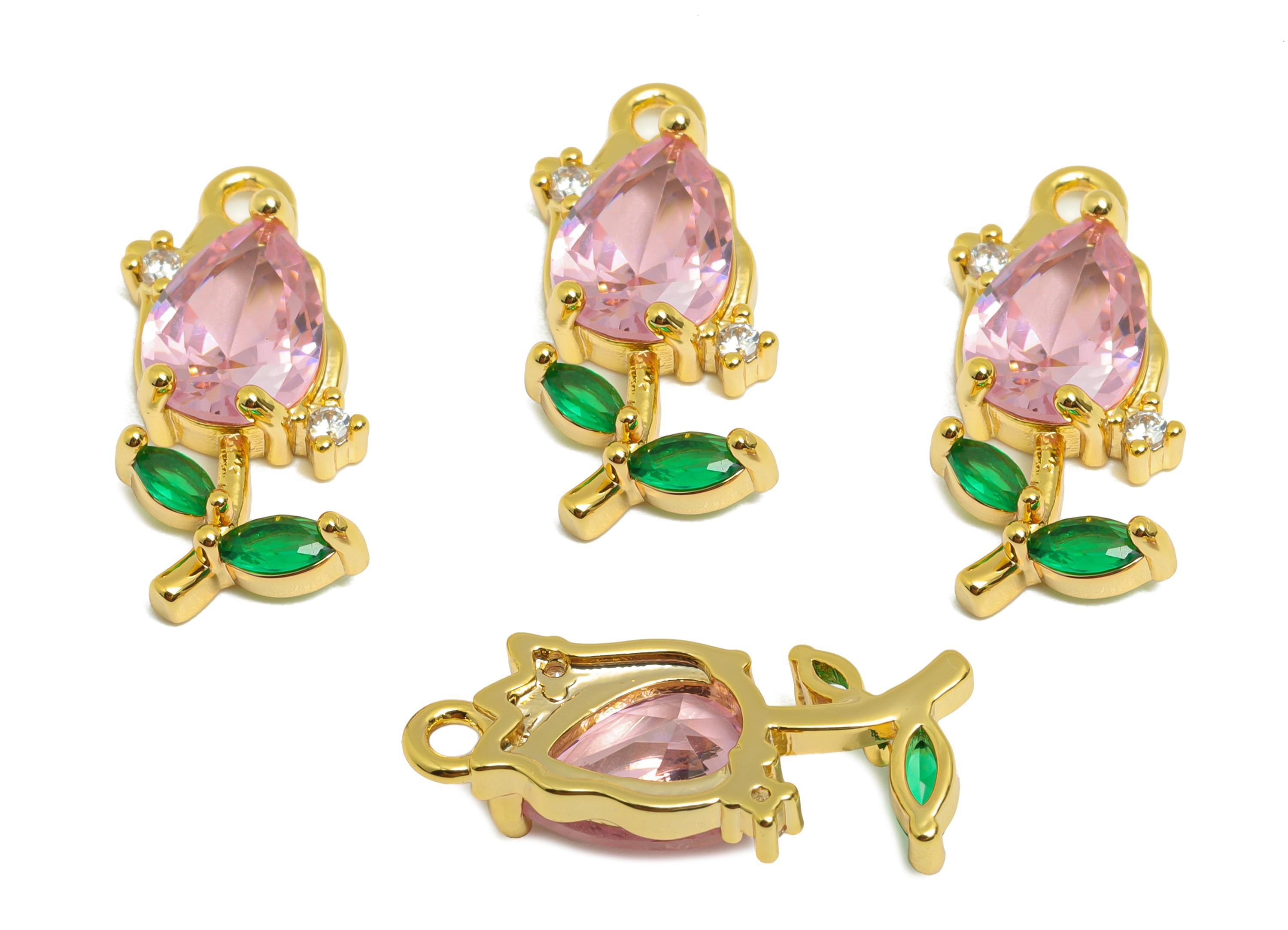 Rose Gemstone Pendant - Brass Zircon Vintage Pendant - Luxury Teardrop Charm - Crystal Elegant Jewelry - Gold Jewelry - 21x9x4mm - RGP10130 - DOMEDBAZAAR