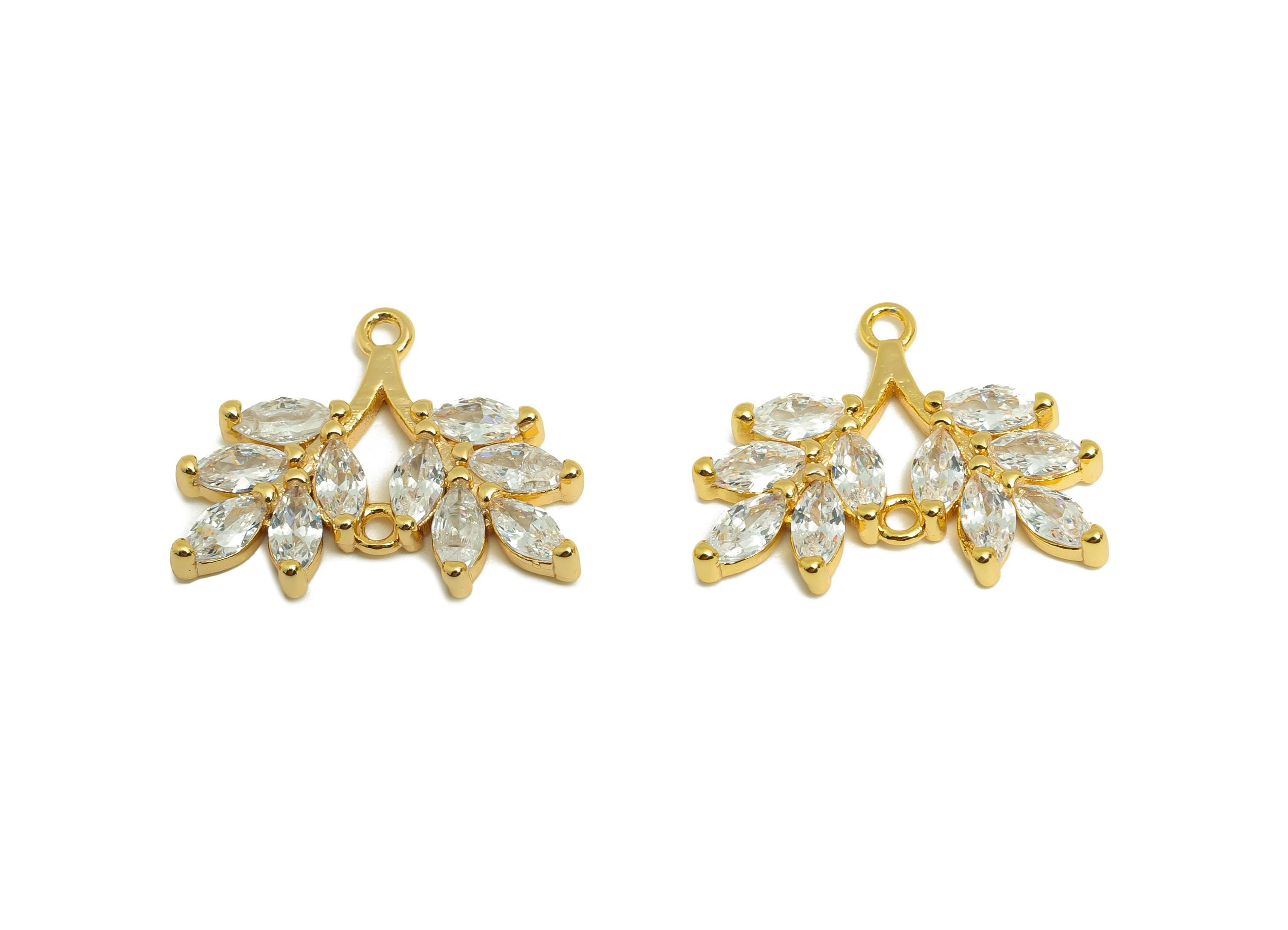 Brass Leaf Earring Charm - Brass Zircon Botanical Pendant - Sparkling White Marquise - Elegant Jewelry - Gold Jewelry - 19x15x2mm - RGP10128 - DOMEDBAZAAR