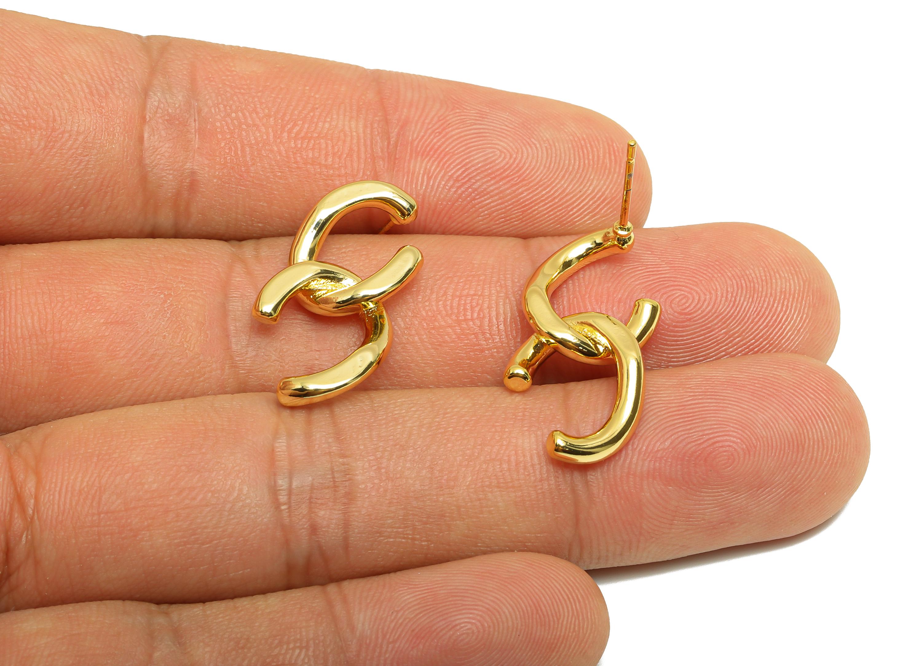 Brass Intertwined Earring - Gold Textured Ear Stud for Girls - Minimalist Earring Post - 18K Real Gold Plating - 25.12x12.79x2.62mm- RGP8971 - DOMEDBAZAAR