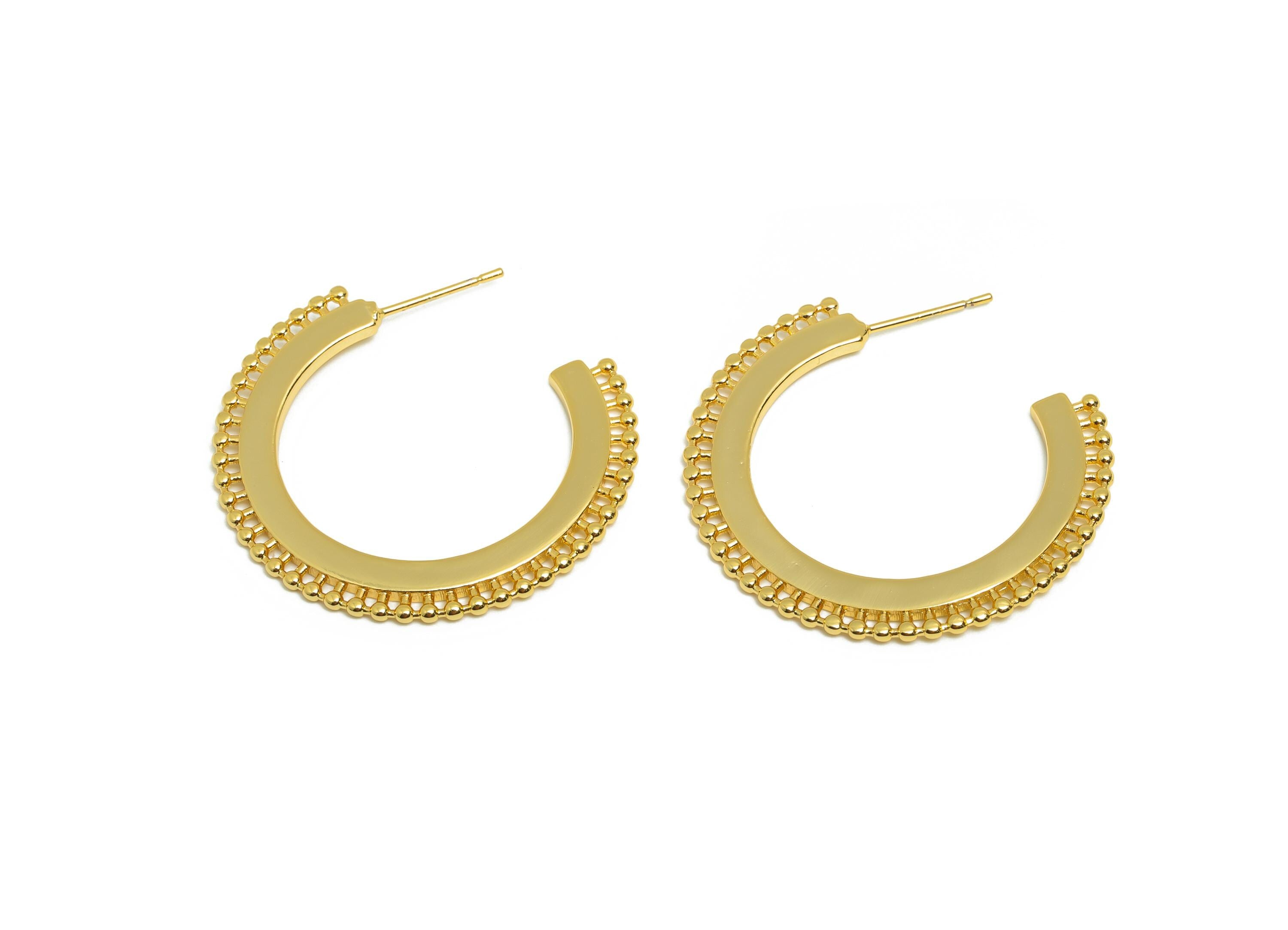 Brass Beaded Earring - Minimalist C Hoop Earring Stud - Gold Open Circle Earring Post - 18K Real Gold Plating - 35.19x5.55x1.64mm - RGP8973 - DOMEDBAZAAR