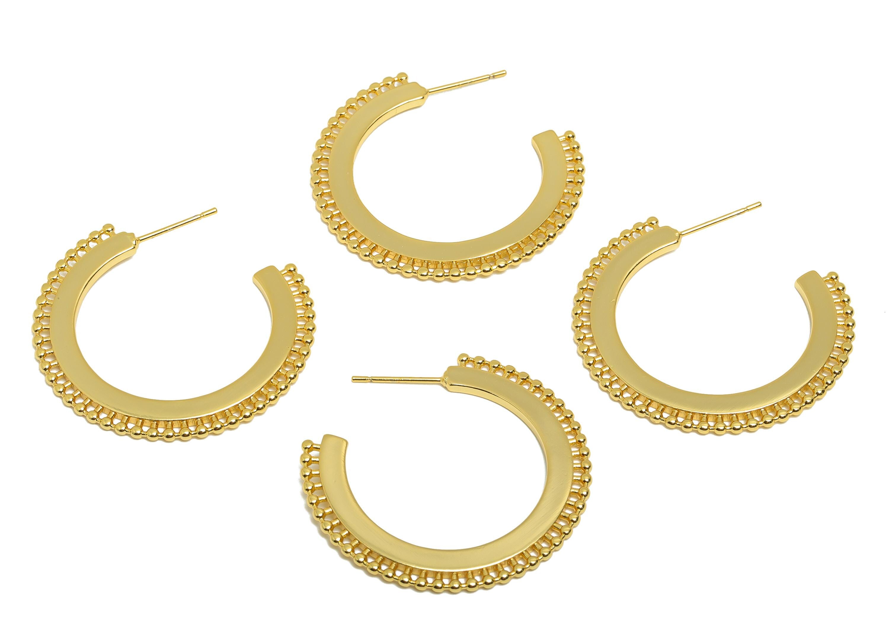 Brass Beaded Earring - Minimalist C Hoop Earring Stud - Gold Open Circle Earring Post - 18K Real Gold Plating - 35.19x5.55x1.64mm - RGP8973 - DOMEDBAZAAR