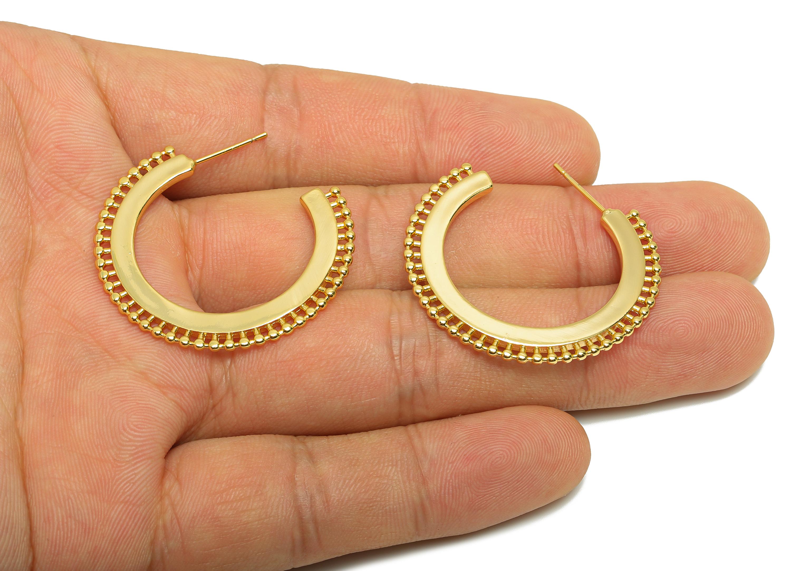 Brass Beaded Earring - Minimalist C Hoop Earring Stud - Gold Open Circle Earring Post - 18K Real Gold Plating - 35.19x5.55x1.64mm - RGP8973 - DOMEDBAZAAR