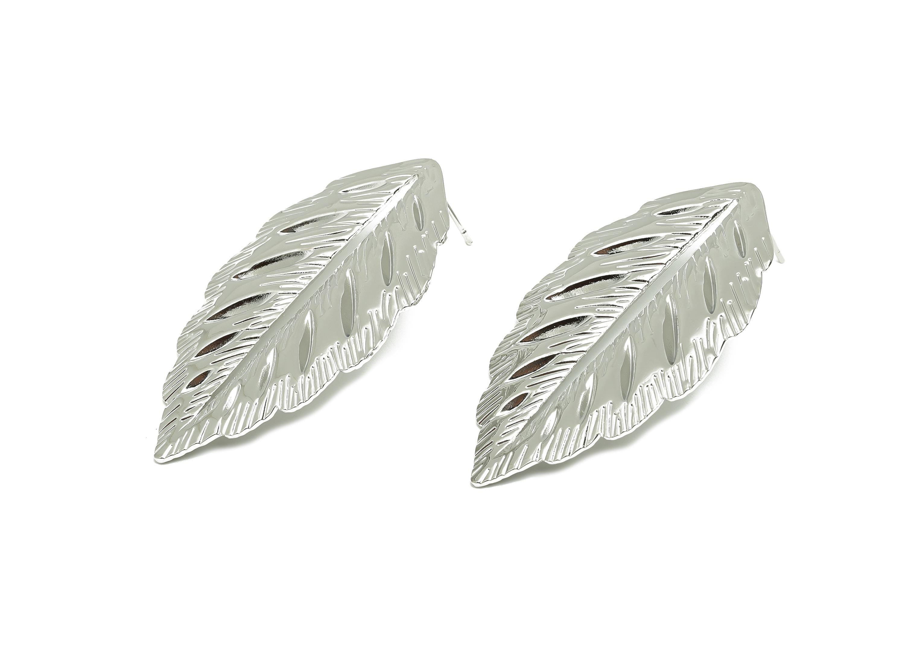 Elegant Leaf Earring Post - Brass Elegant Cutout Leaf Earring Stud - Bold Textured Leaf Earring - White Gold Plated - 50x30x2.3mm - RGP10044 - DOMEDBAZAAR
