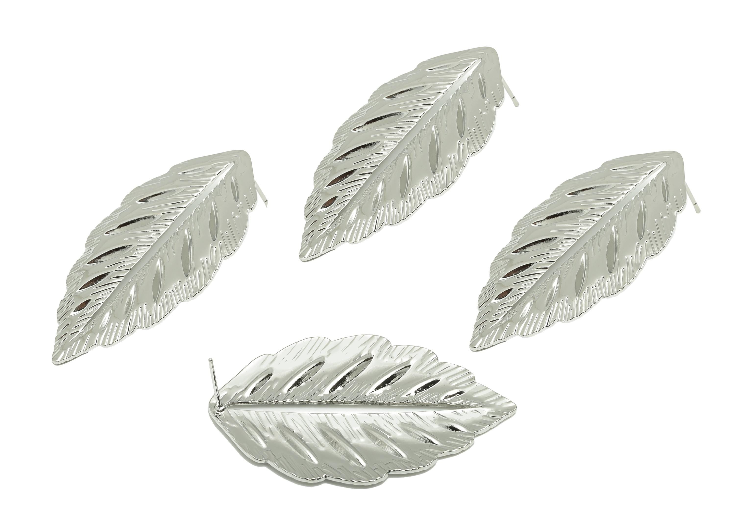 Elegant Leaf Earring Post - Brass Elegant Cutout Leaf Earring Stud - Bold Textured Leaf Earring - White Gold Plated - 50x30x2.3mm - RGP10044 - DOMEDBAZAAR