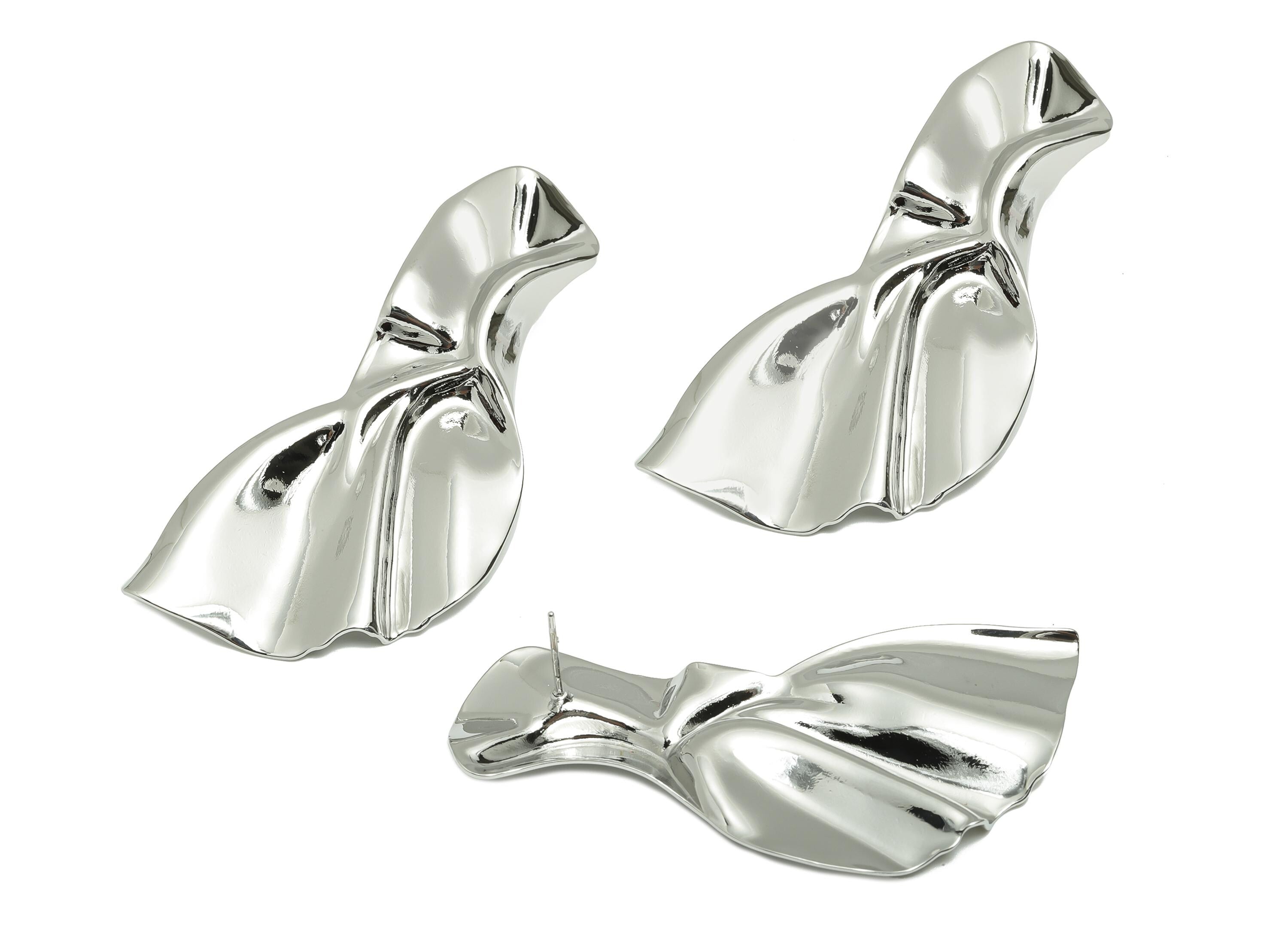 Vintage Irregular Earring - Brass Contemporary Asymmetrical Earring Stud - Sculpted Abstract Earring - White Gold Plated -60x31x3mm-RGP10068 - DOMEDBAZAAR