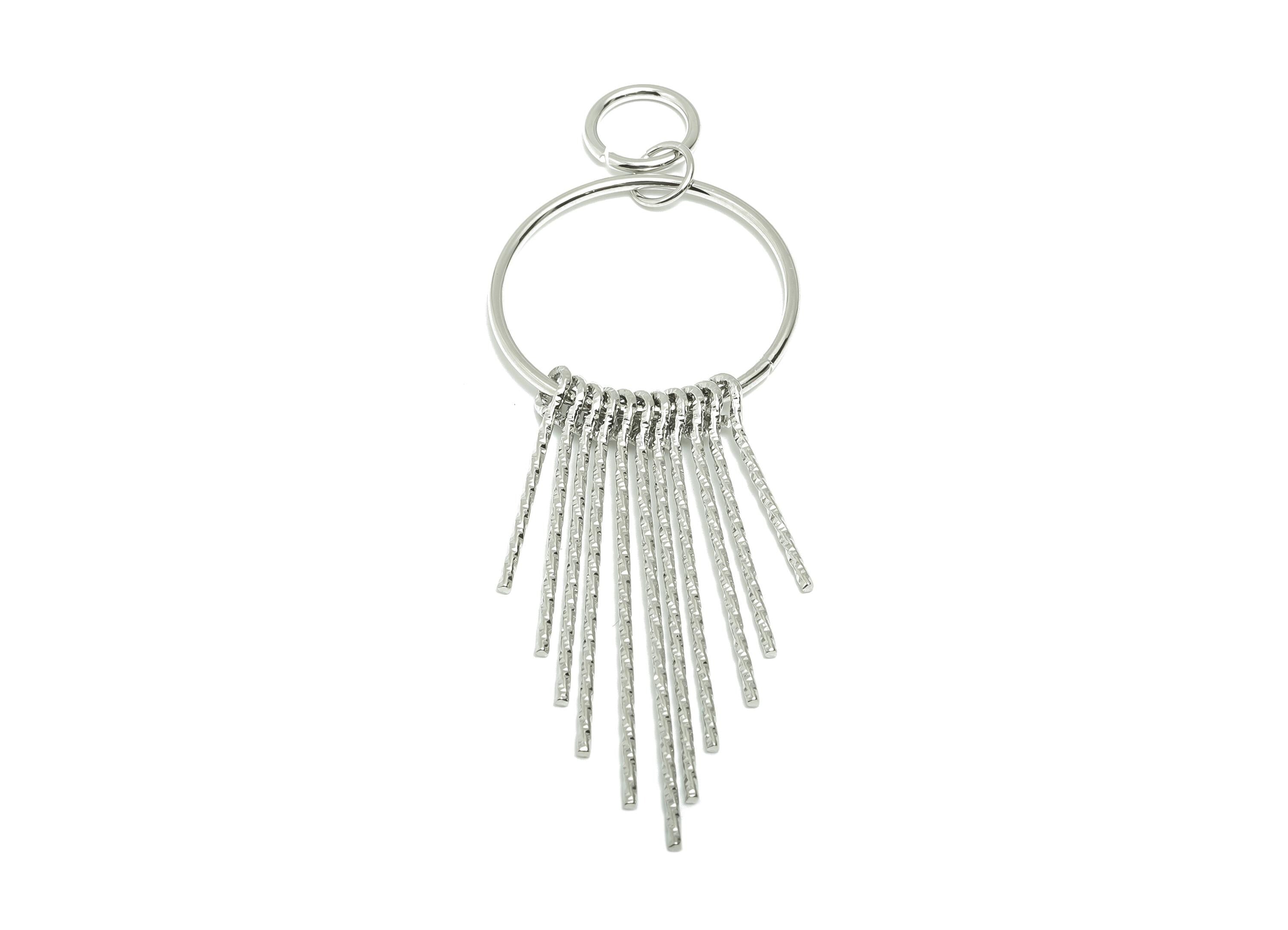 Dangle Tassel Earring Charm - Brass Boho Textured Tassel Charm - Layered Fringe for Bold Charm - 18k White Gold Plated - 90x30x5mm -RGP10114 - DOMEDBAZAAR