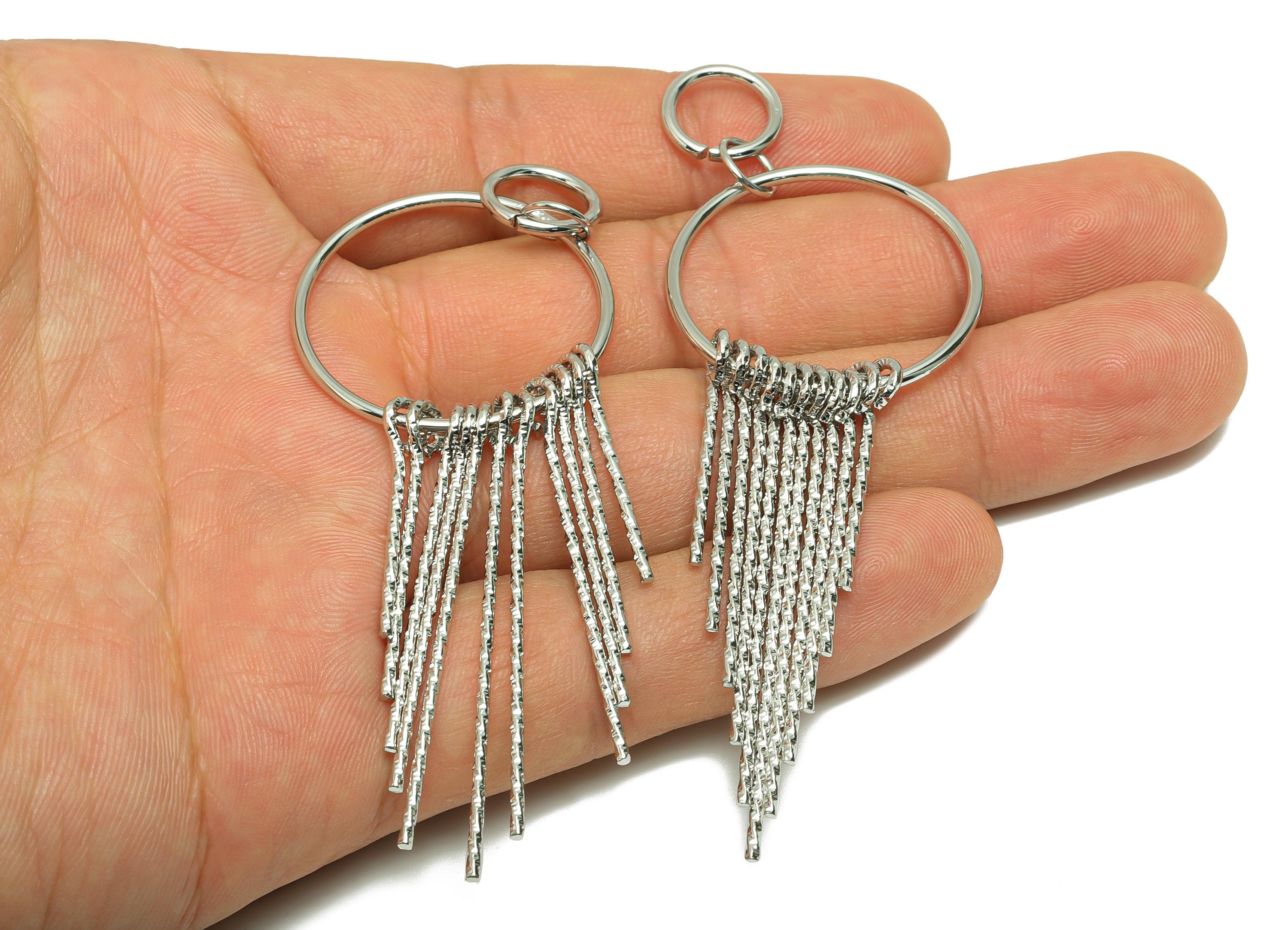 Dangle Tassel Earring Charm - Brass Boho Textured Tassel Charm - Layered Fringe for Bold Charm - 18k White Gold Plated - 90x30x5mm -RGP10114 - DOMEDBAZAAR