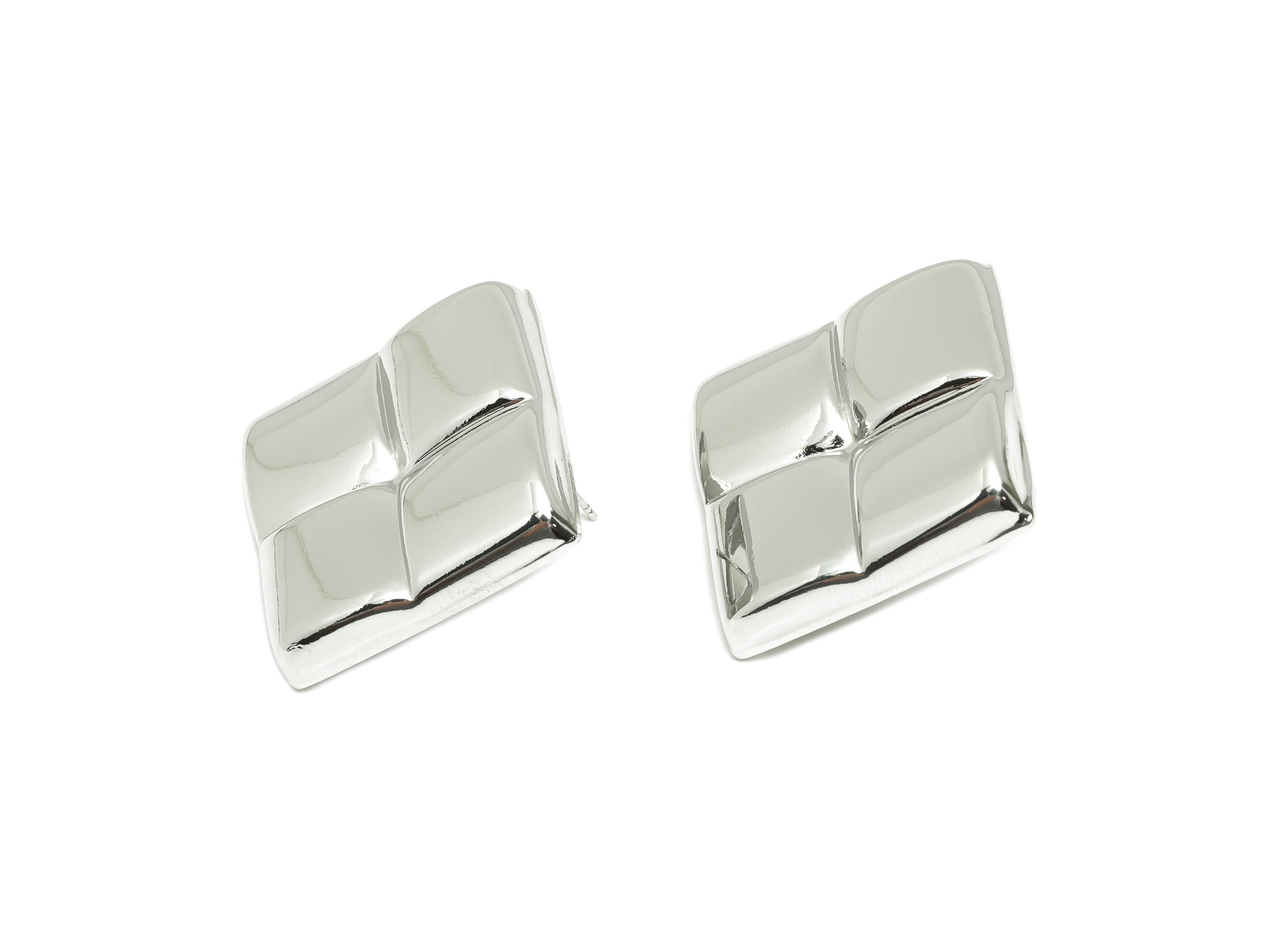 Brass Vintage Earring - Brass Pillow Cushion Square Earring - Geometric Four-Panel Stud Earring - White Gold Plated - 38x29x4mm - RGP10054 - DOMEDBAZAAR