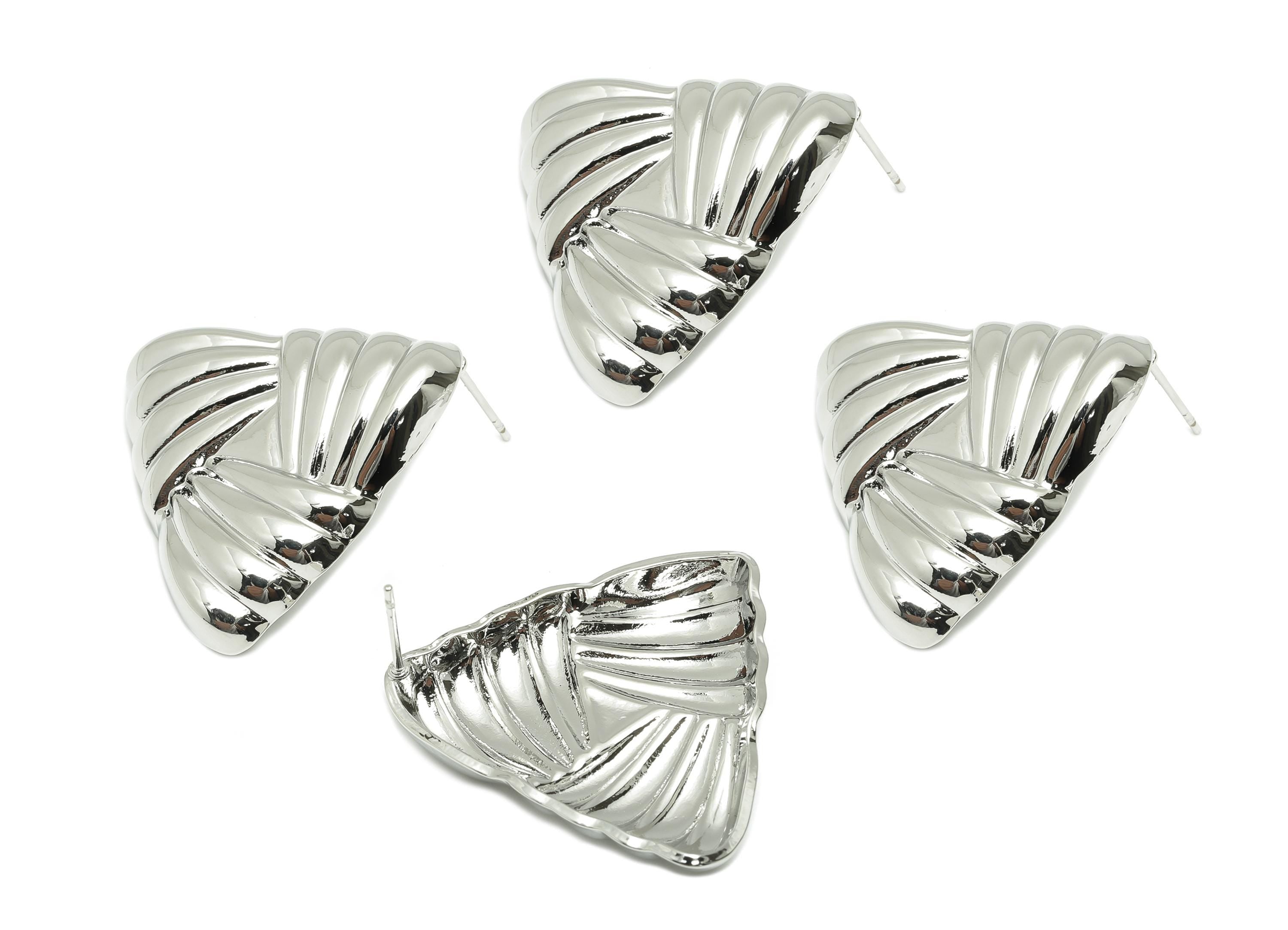 Vintage Triangle Earring - Brass Geometric Folded Earring - Retro Triangular Clip-On Earring Stud - White Gold Plated - 29x28x4mm - RGP10040 - DOMEDBAZAAR