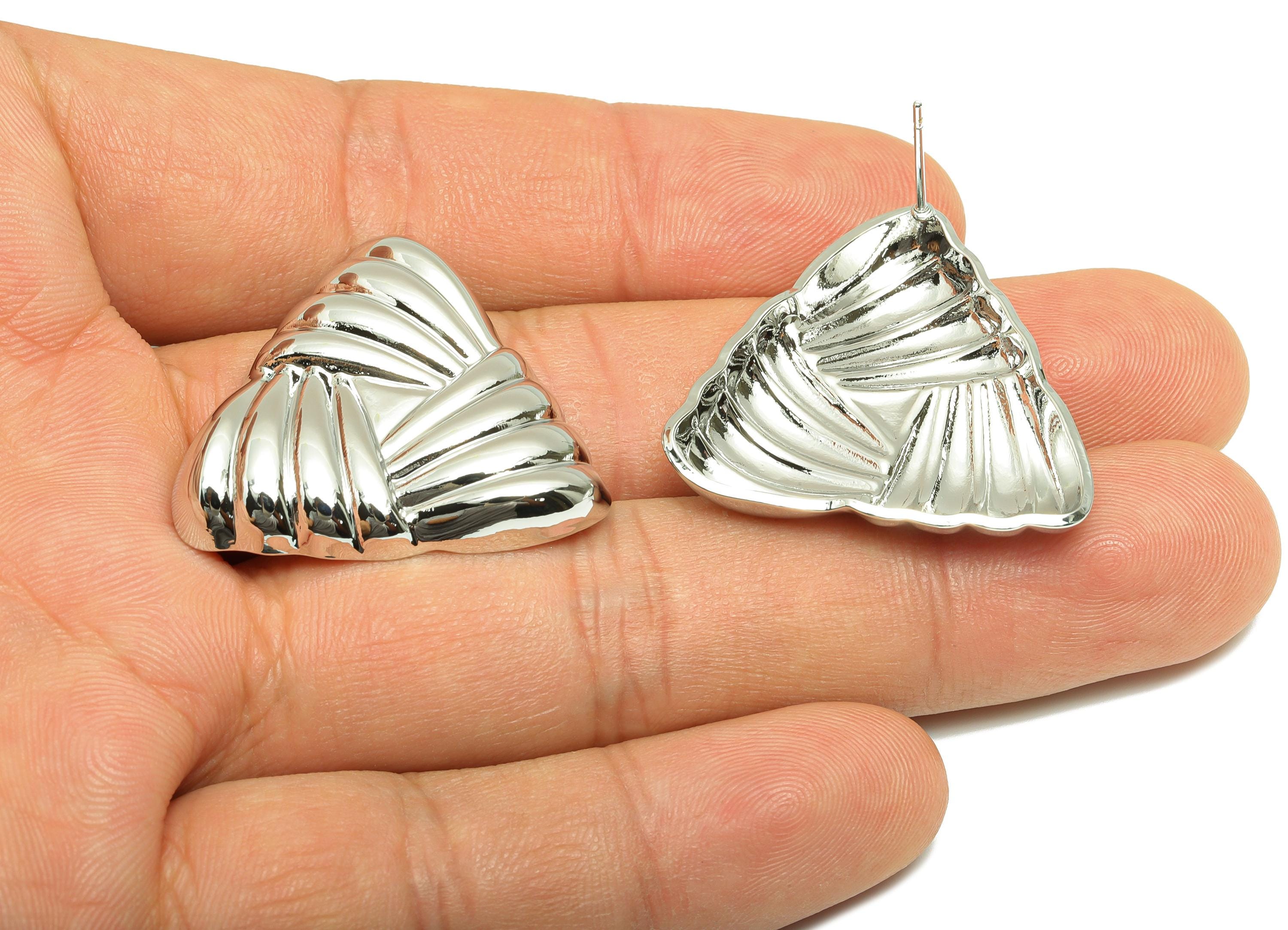 Vintage Triangle Earring - Brass Geometric Folded Earring - Retro Triangular Clip-On Earring Stud - White Gold Plated - 29x28x4mm - RGP10040 - DOMEDBAZAAR