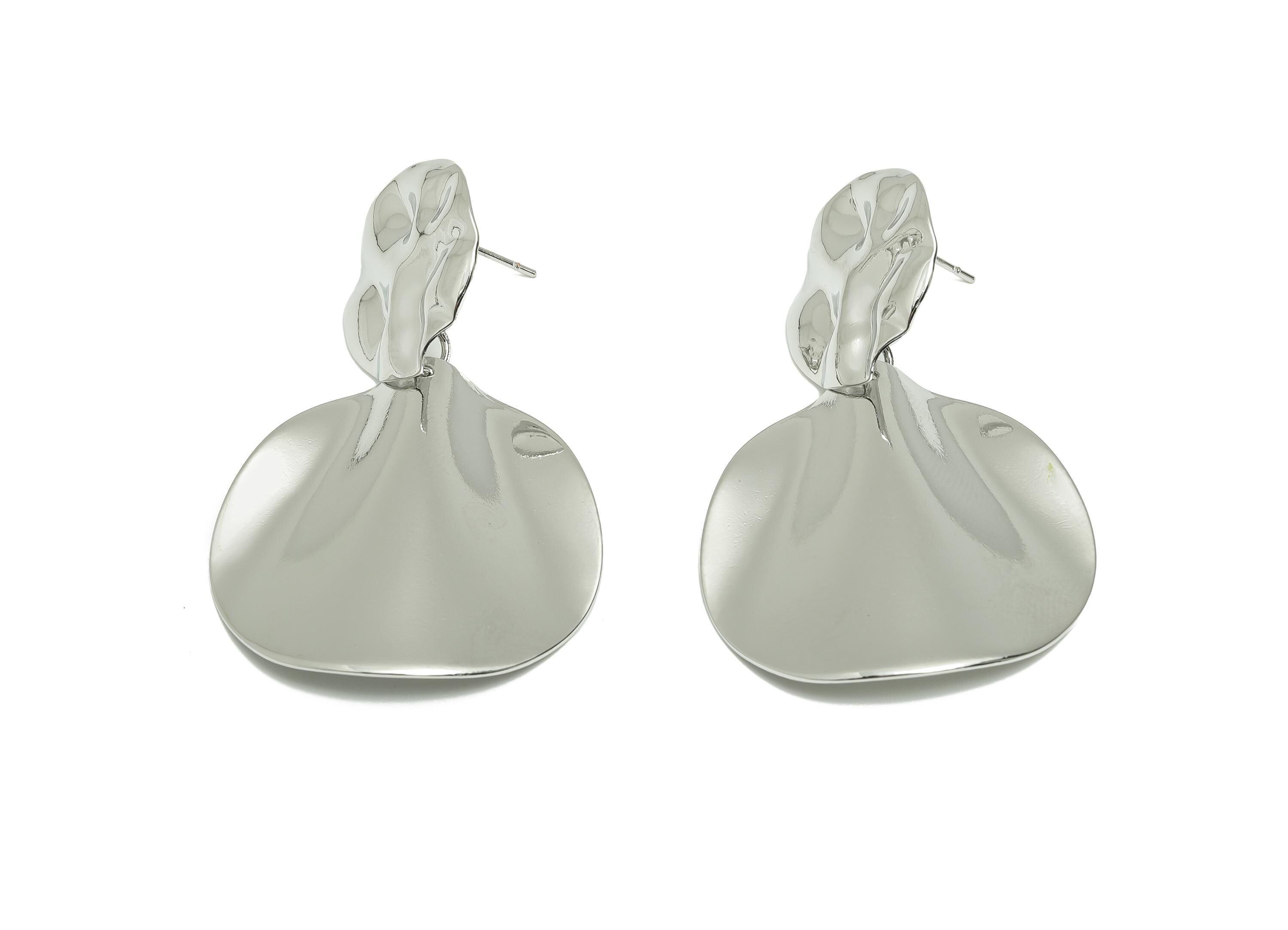 Brass Artistic Round Earring - Brass Unique Texture Wavy Earring Post - Vintage Dangle Earring - White Gold Plated - 50x33x4mm - RGP10082 - DOMEDBAZAAR