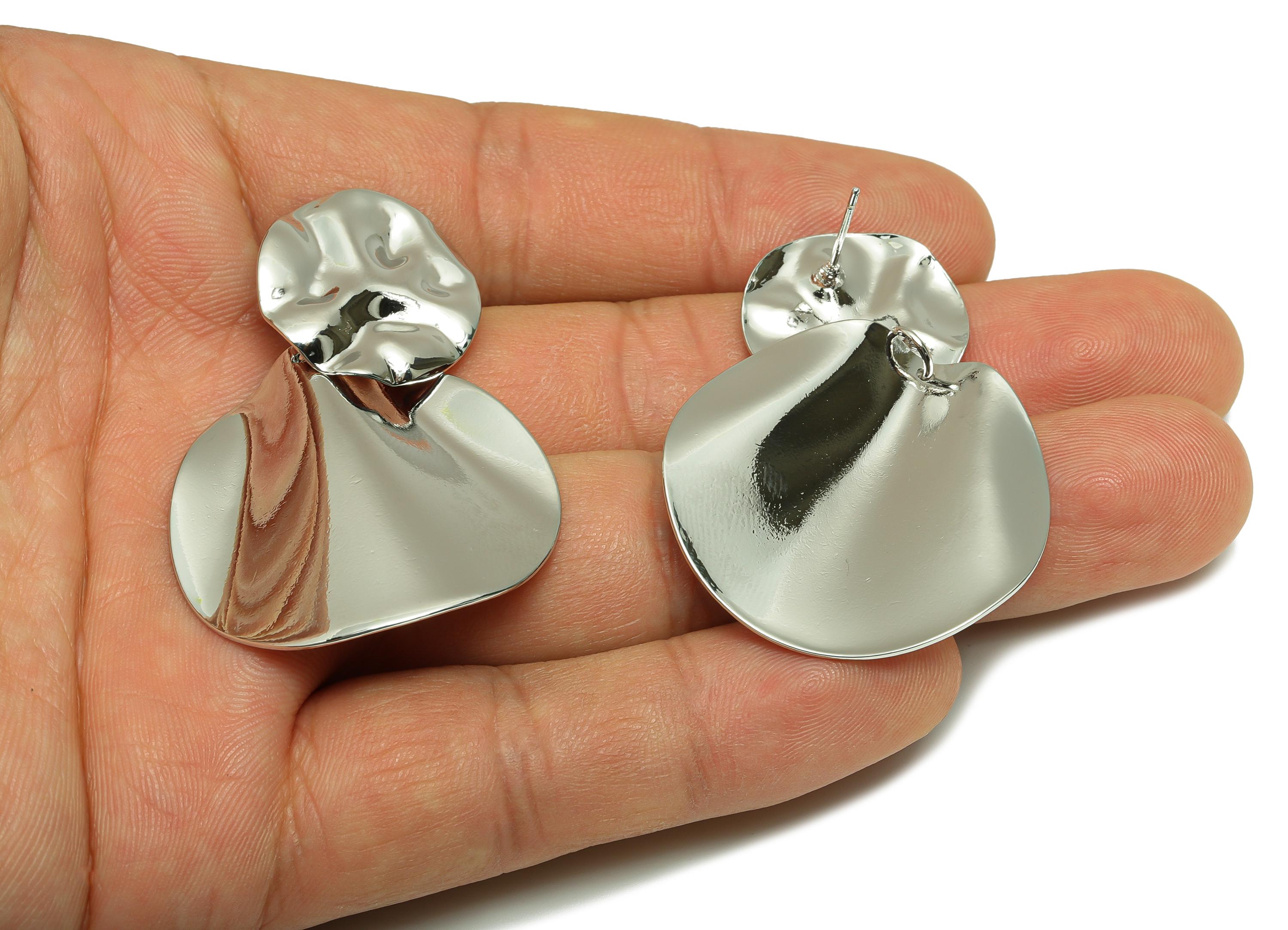 Brass Artistic Round Earring - Brass Unique Texture Wavy Earring Post - Vintage Dangle Earring - White Gold Plated - 50x33x4mm - RGP10082 - DOMEDBAZAAR