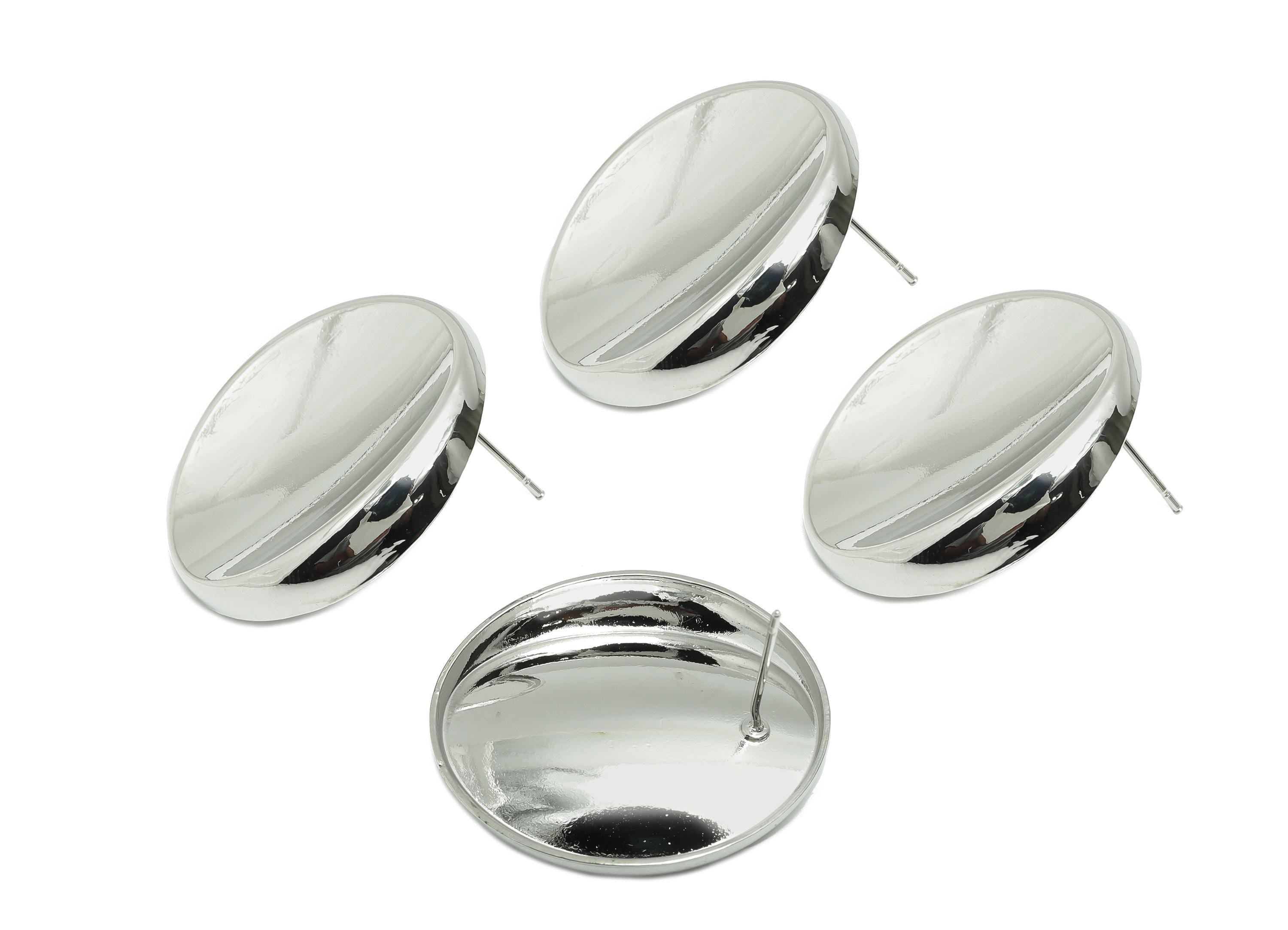 Brass Sunken Earring - Brass Sleek Oval Flat Disc Design Earring Stud - Simple and Chic Earring - White Gold Plated - 29x27x4mm - RGP10066 - DOMEDBAZAAR