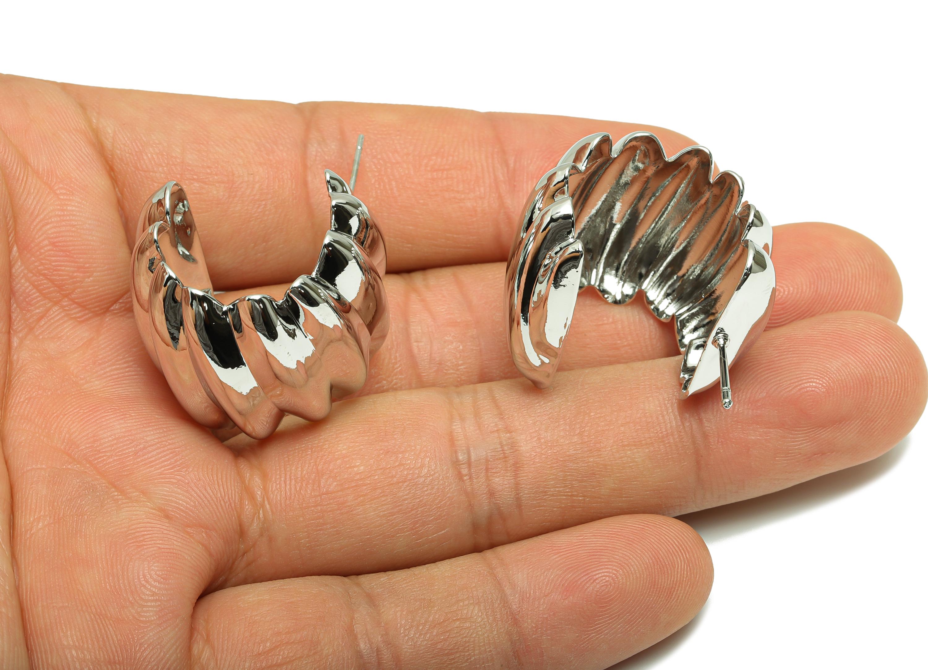 Bold Twisted Hoop Earring - Brass Chunky Hoop Earring with Curved Detailing - Twisted Hoop Earring - White Gold Plated - 26x22x23mm-RGP10064 - DOMEDBAZAAR