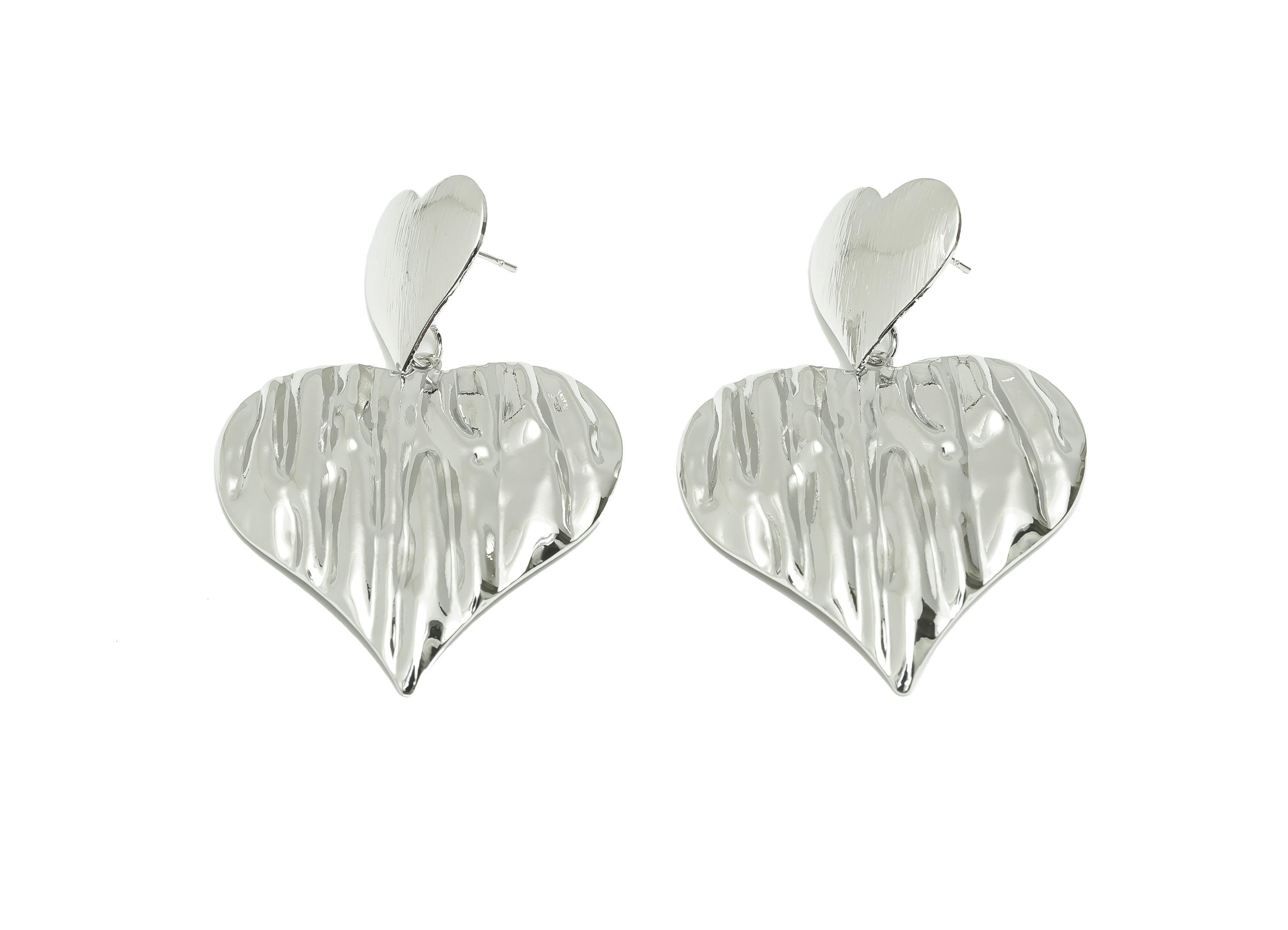 Brass Bold Heart Earring - Brass Unique Texture Heart Earring Post - Silver Vintage Wavy Heart Earring - Romantic Gift - 55x39x2mm -RGP10070 - DOMEDBAZAAR