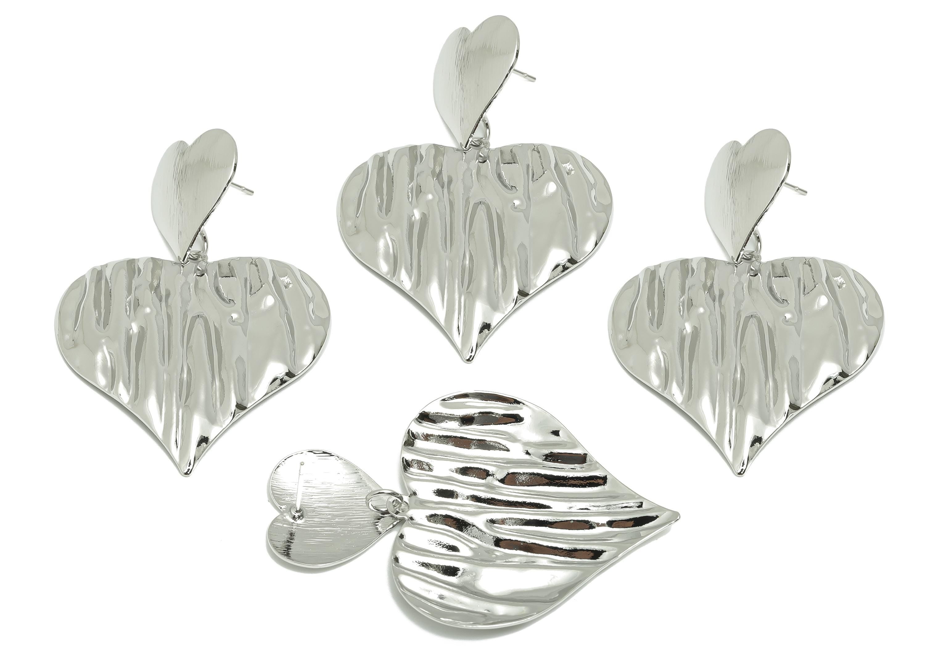 Brass Bold Heart Earring - Brass Unique Texture Heart Earring Post - Silver Vintage Wavy Heart Earring - Romantic Gift - 55x39x2mm -RGP10070 - DOMEDBAZAAR