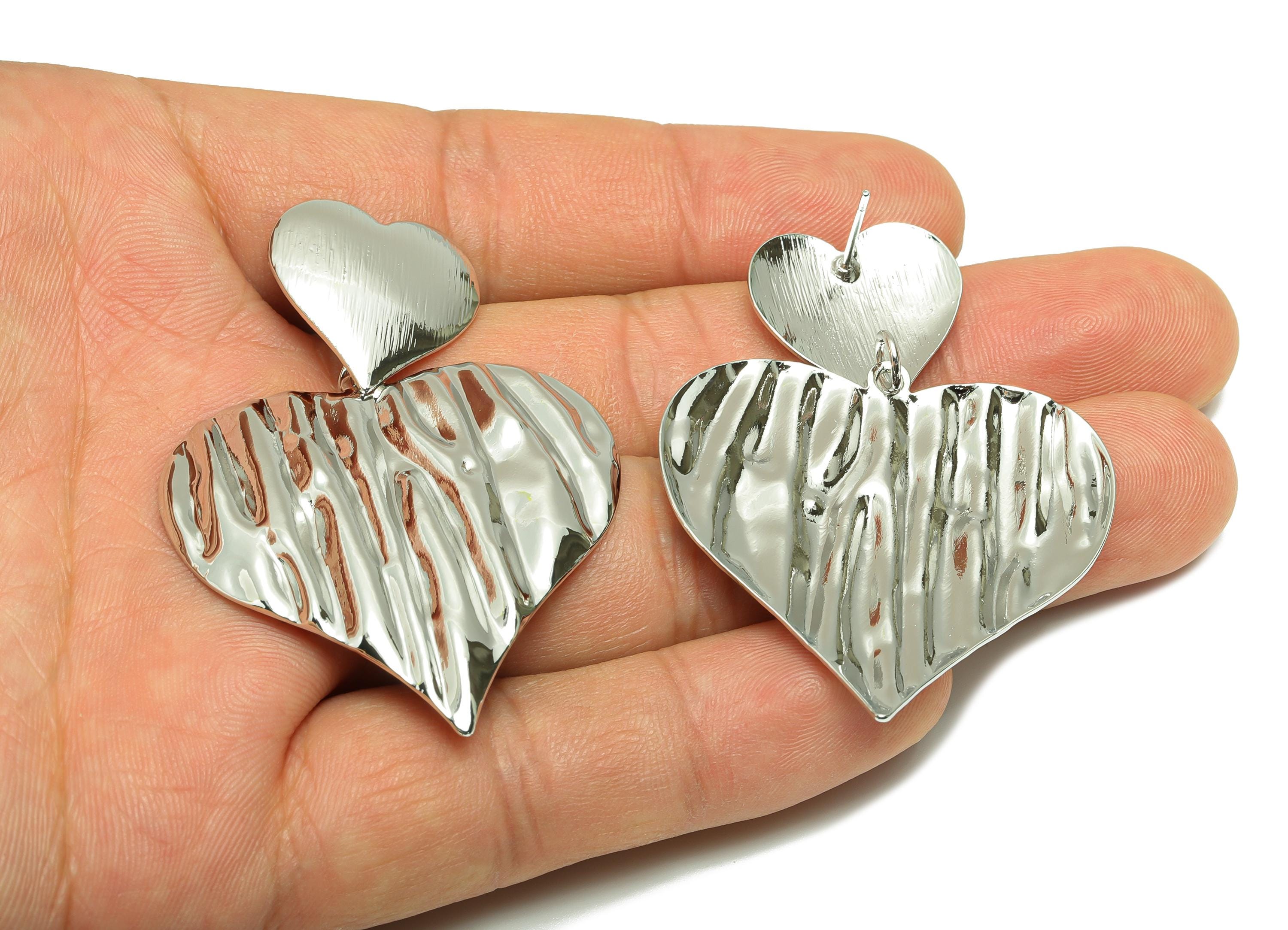 Brass Bold Heart Earring - Brass Unique Texture Heart Earring Post - Silver Vintage Wavy Heart Earring - Romantic Gift - 55x39x2mm -RGP10070 - DOMEDBAZAAR