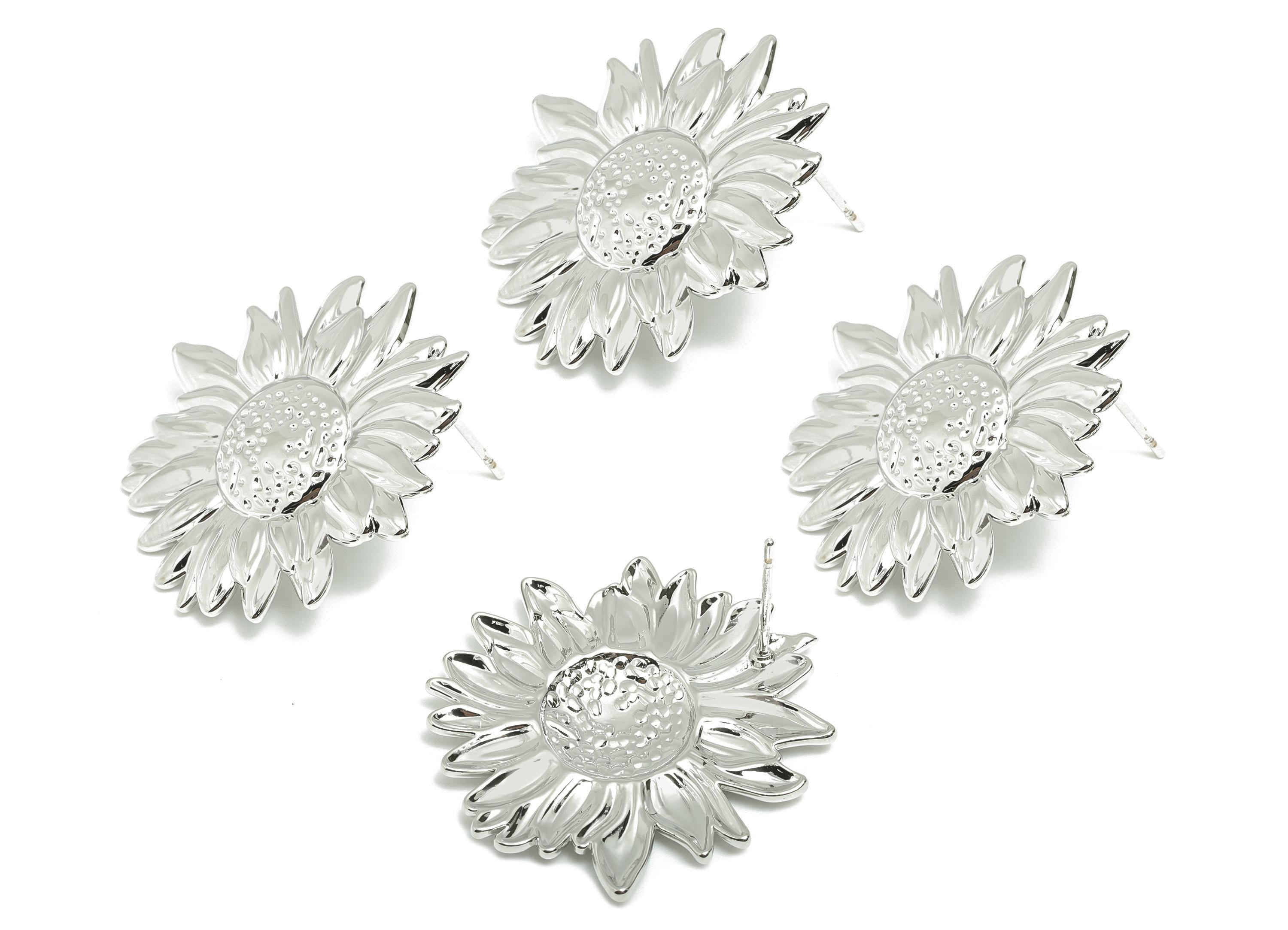 Brass Sunflower Earring - Brass Nature-Inspired Sunflower Earring Post - Delicate Sunflower Earring - White Gold Plated - 27x26x2mm-RGP10050 - DOMEDBAZAAR