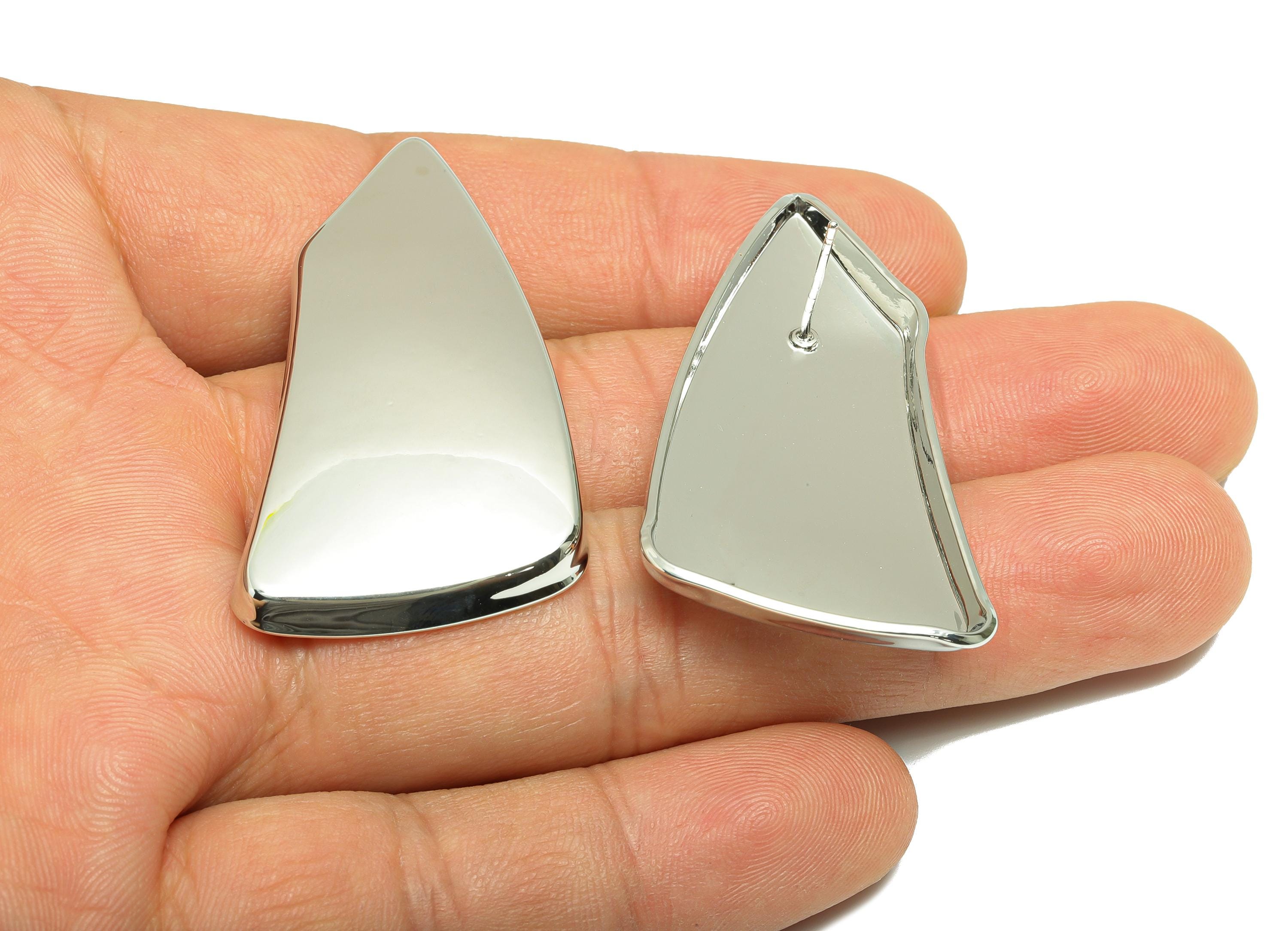 Vintage Irregular Earring - Brass Bold Contemporary Polished Stud - Sleek Asymmetrical Earring Stud - White Gold Plated - 46x25x5mm-RGP10092 - DOMEDBAZAAR