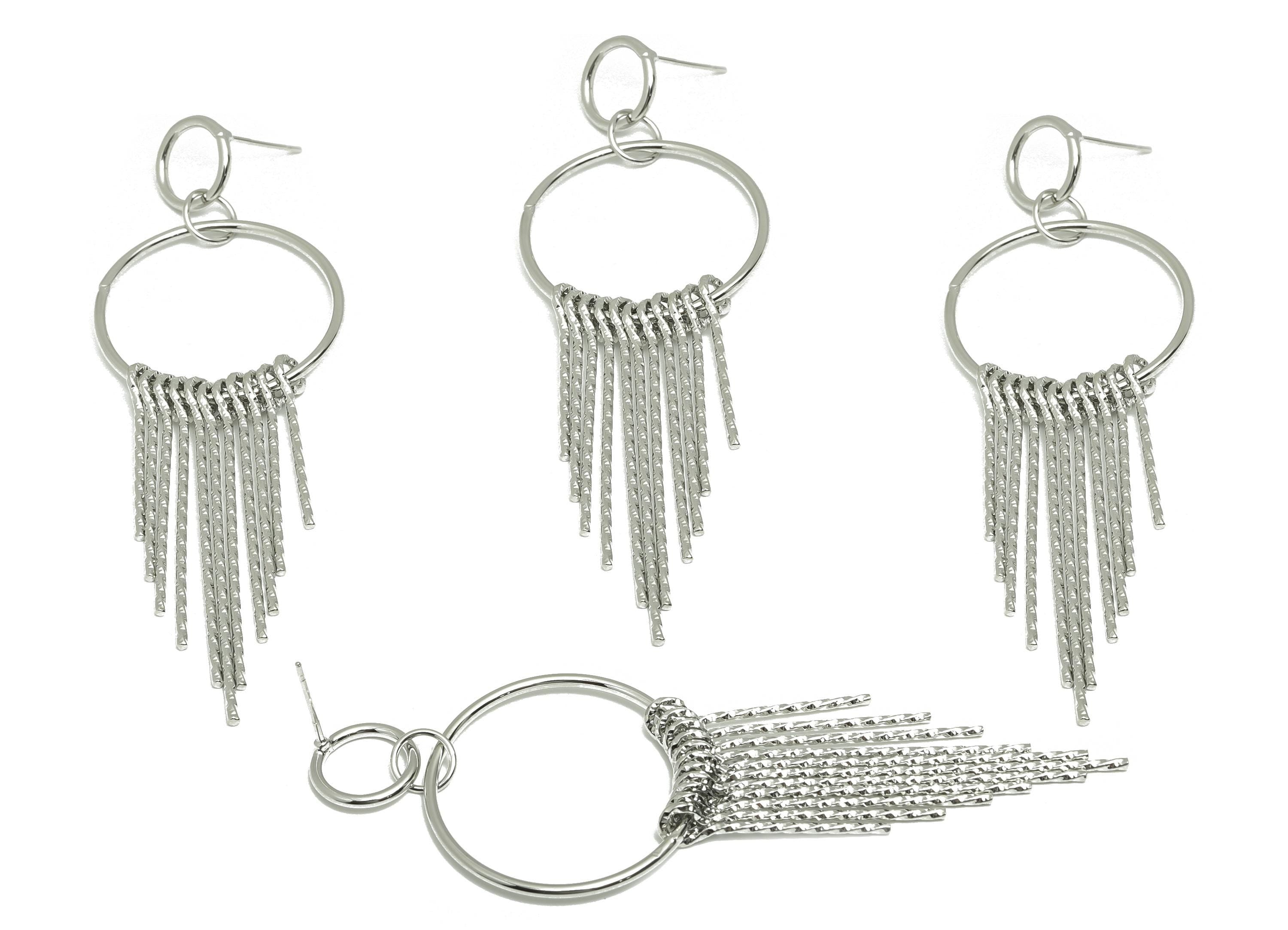 Dangle Tassel Earring - Brass Boho Textured Tassel Wire Post - Layered Fringe Earring Bold Post - White Gold Plated - 90x30x5mm - RGP10116 - DOMEDBAZAAR