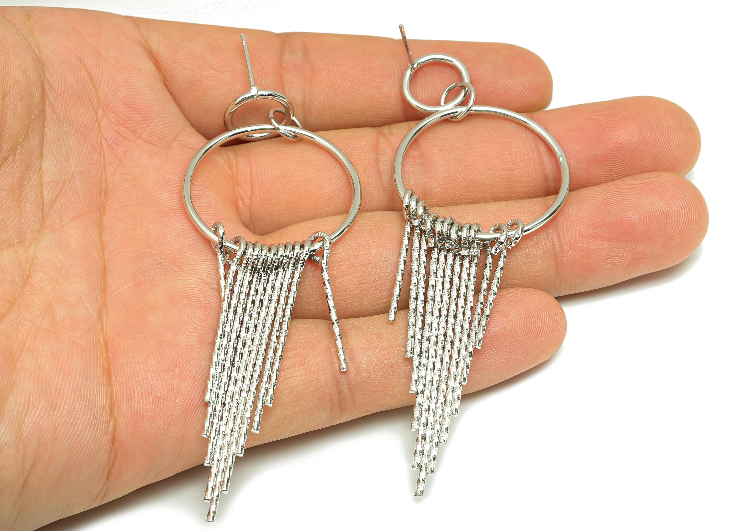 Dangle Tassel Earring - Brass Boho Textured Tassel Wire Post - Layered Fringe Earring Bold Post - White Gold Plated - 90x30x5mm - RGP10116 - DOMEDBAZAAR
