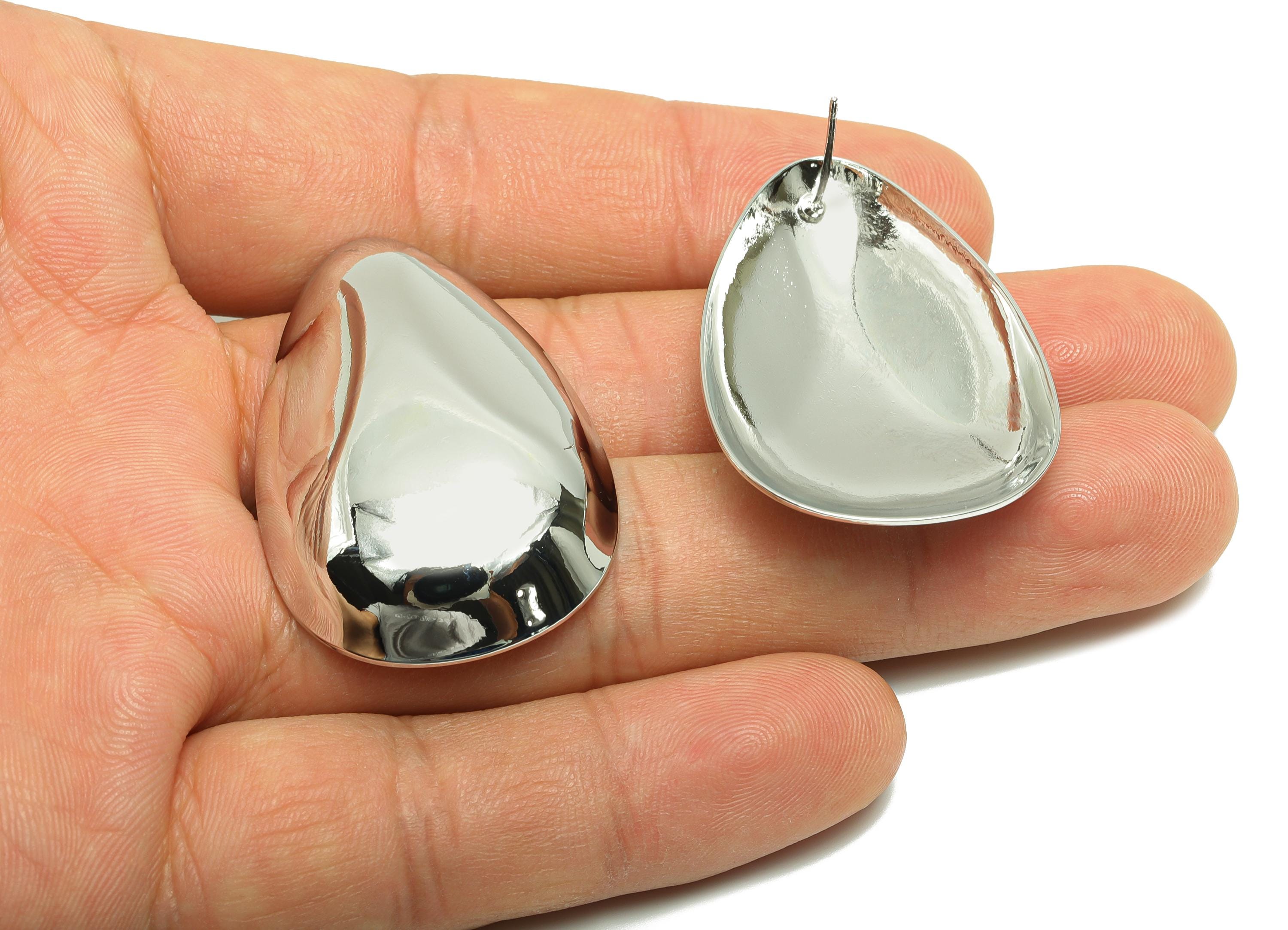 Silver Sleek Teardrop Earring - Brass Minimalist Teardrop Statement Earring -White Gold Plated - Artistic Jewelry - 41.5x27x6.5mm - RGP10062 - DOMEDBAZAAR