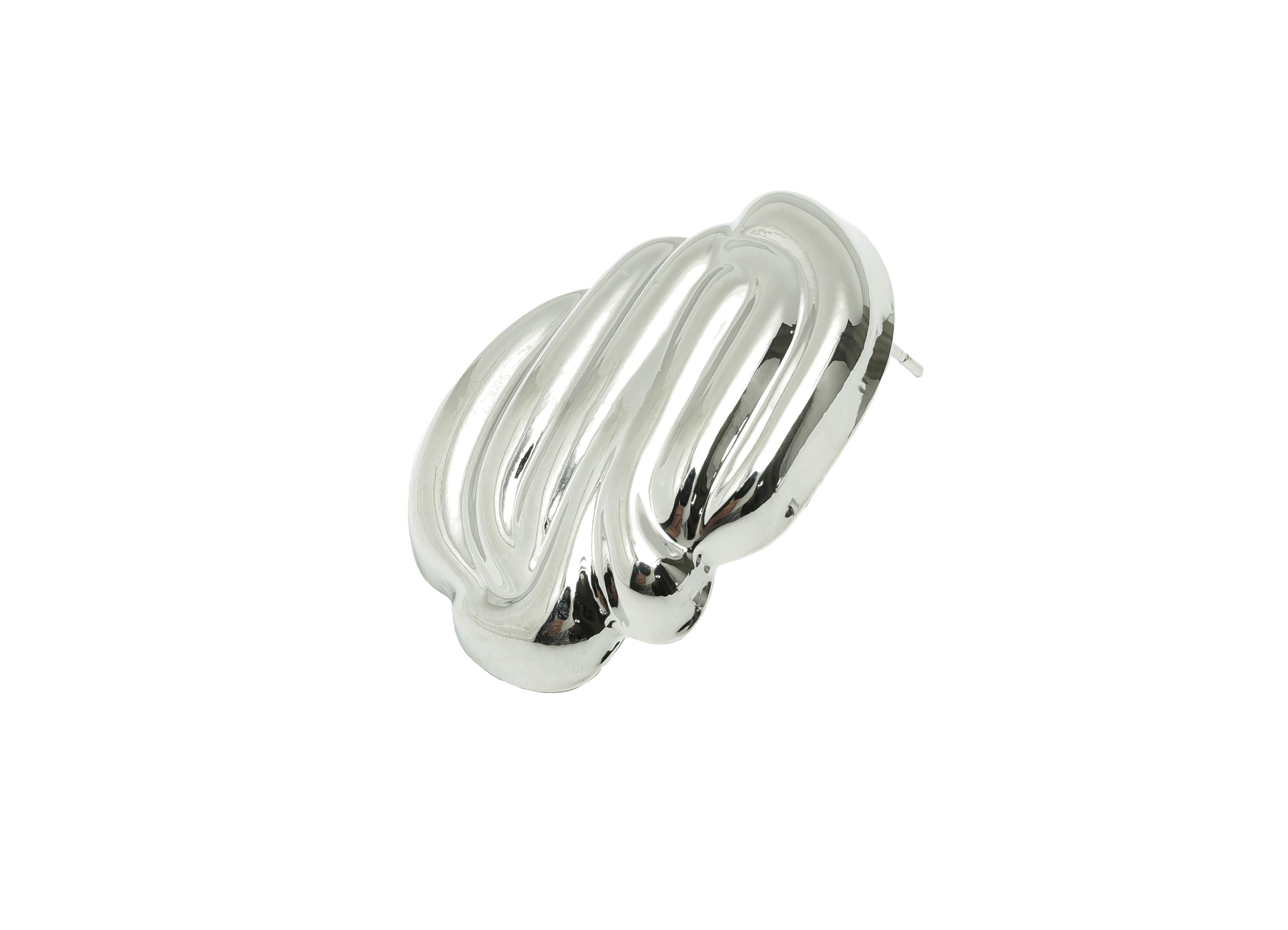 Bold Textured Earring - Brass Abstract Sculpted Earring - Elegant Rippled Unique Earring Post - White Gold Plated - 33x24x6mm - RGP10042 - DOMEDBAZAAR