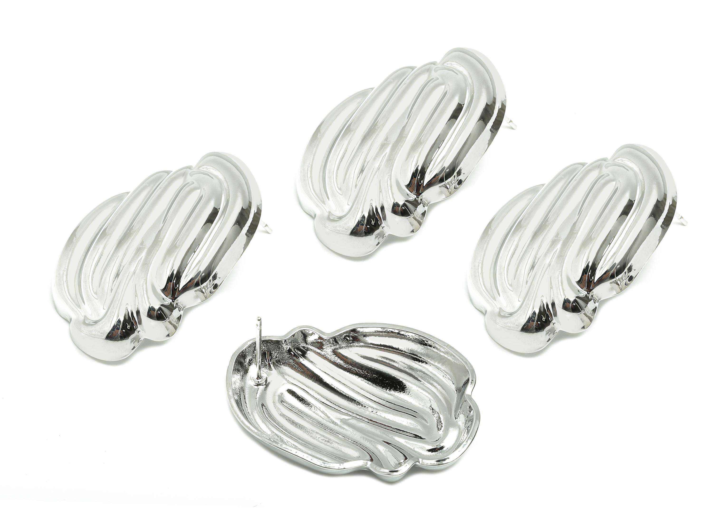 Bold Textured Earring - Brass Abstract Sculpted Earring - Elegant Rippled Unique Earring Post - White Gold Plated - 33x24x6mm - RGP10042 - DOMEDBAZAAR