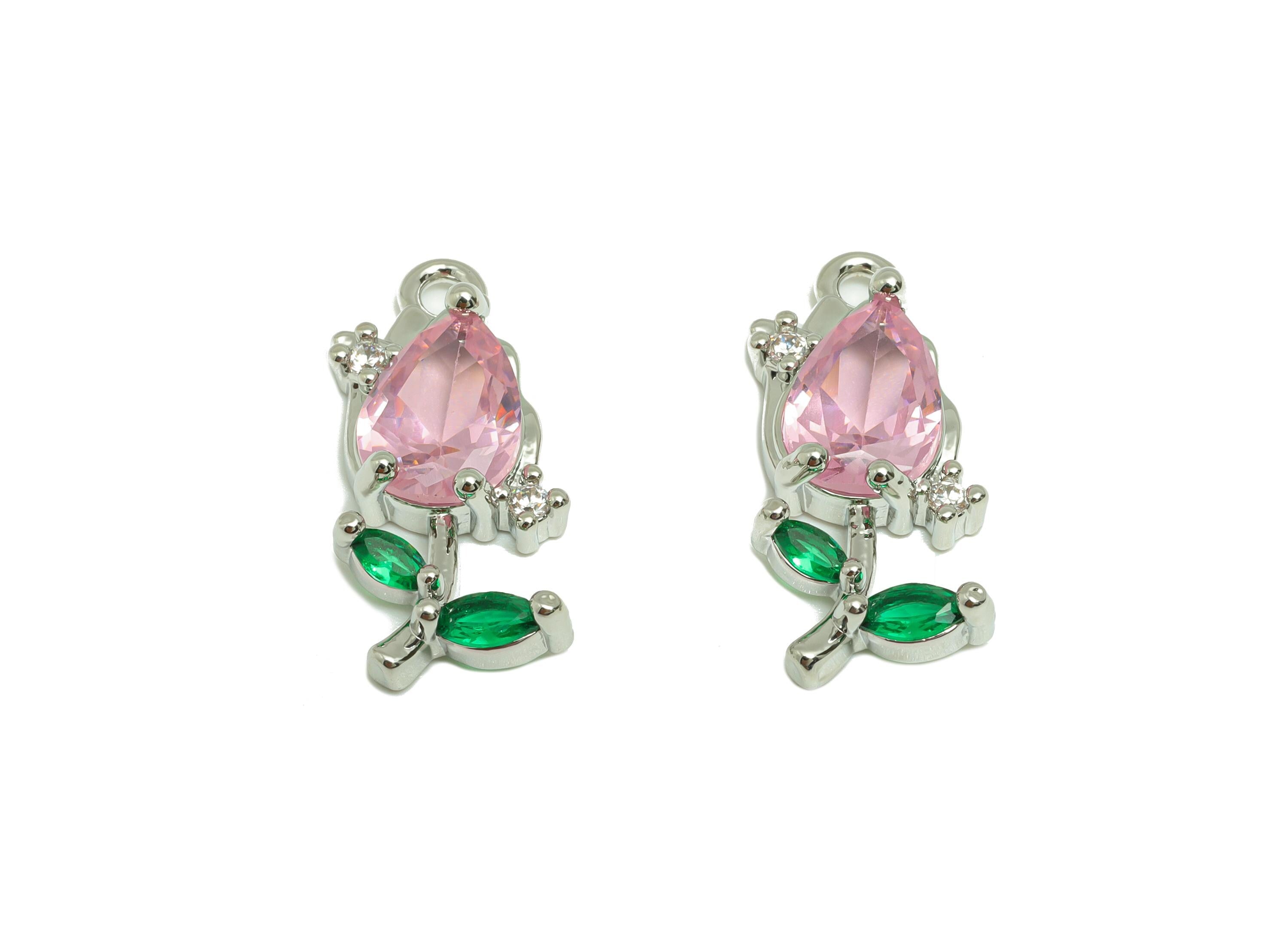 Rose Gemstone Pendant - Brass Zircon Vintage Pendant - Luxury Teardrop Crystal Elegant Jewelry - White Gold Plated - 21x9x4mm - RGP10129 - DOMEDBAZAAR