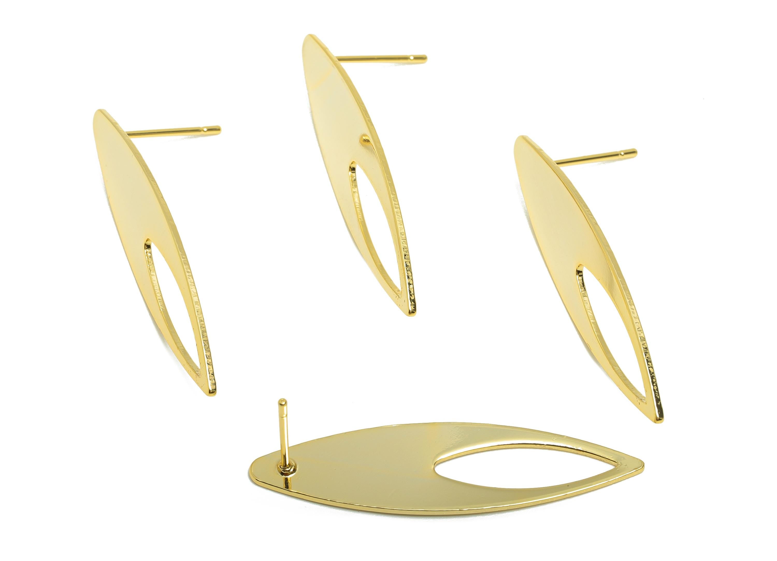 Brass Marquise Earring Stud - Minimalist Earring Post for Girls - Gold Daily Wear Earring - 18K Real Gold Plating - 37.5x10x0.8mm - RGP8977 - DOMEDBAZAAR