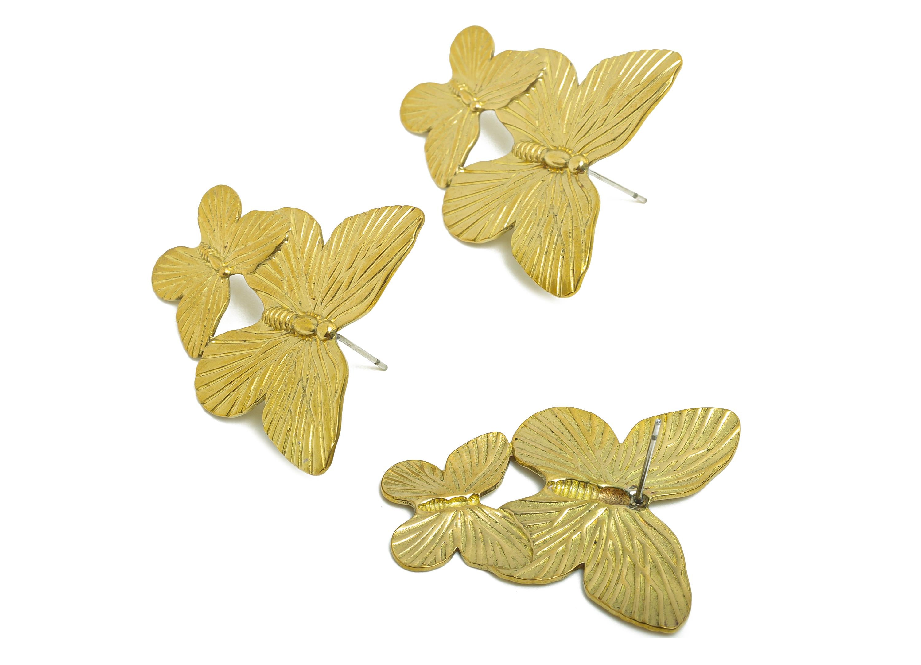 Layered Butterfly Stud Earring - Raw Brass Textured Butterfly Earring Stud - Brass Nature-Inspired Butterfly Earrings - 40x31x2mm - PP10816 - DOMEDBAZAAR