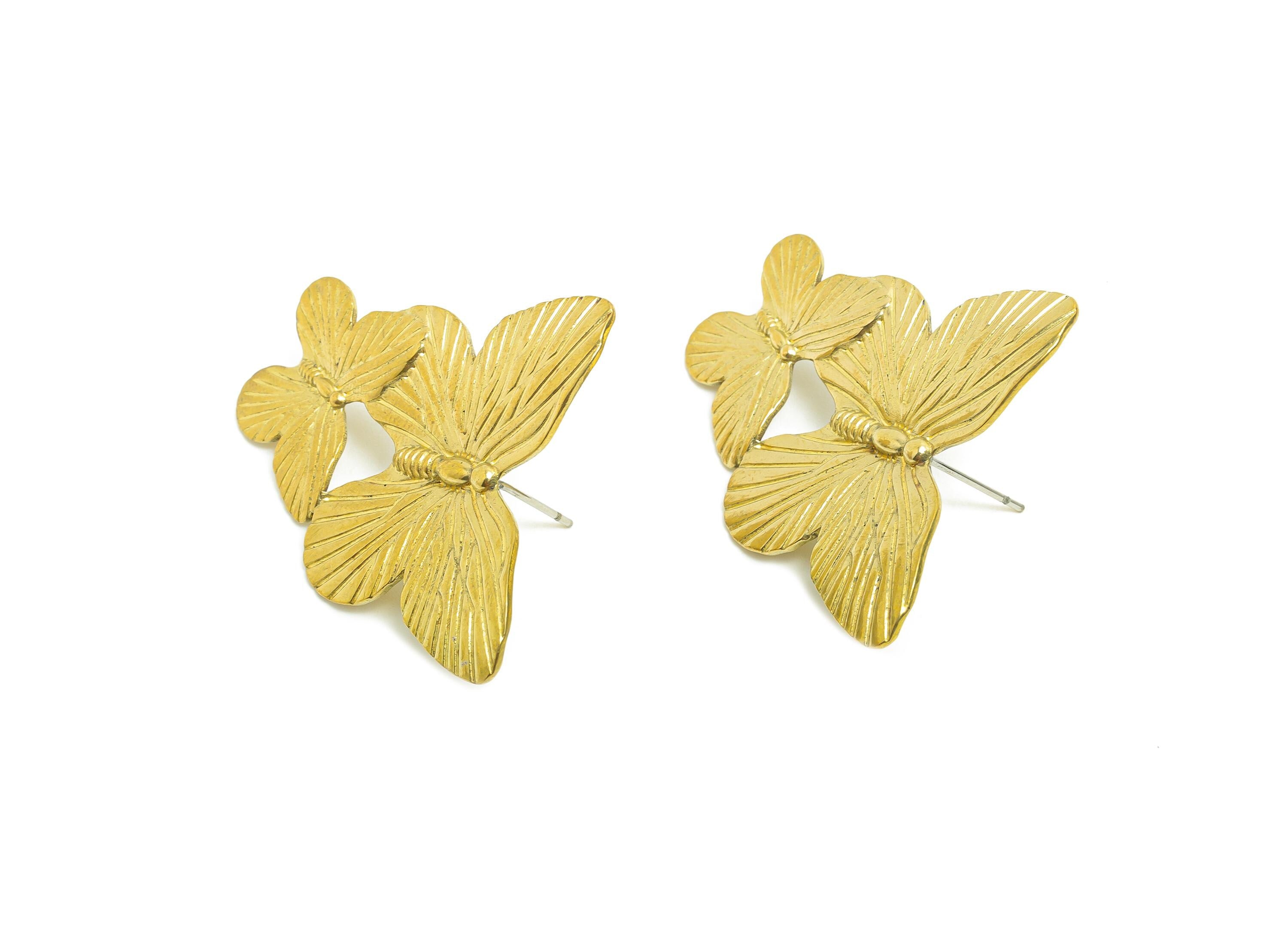 Layered Butterfly Stud Earring - Raw Brass Textured Butterfly Earring Stud - Brass Nature-Inspired Butterfly Earrings - 40x31x2mm - PP10816 - DOMEDBAZAAR